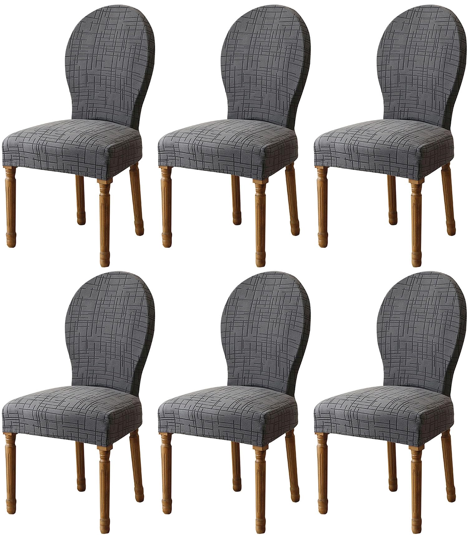 Housse de chaise dossier rond lot de 6 gris foncé rustique campagne pour salle à manger extensible