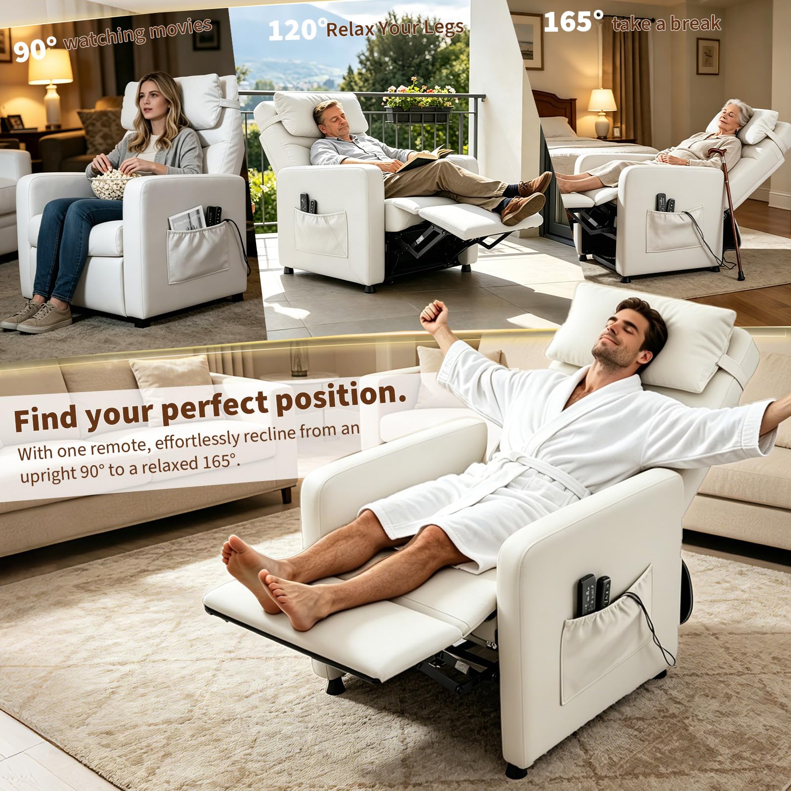 Sillón Reclinable Eléctrico, Sillon Masaje Relax con 6 Puntos, Sillon Relax Ajustables 90°-165°, con Calor Lumbar y Masaje Vibración, Motor Silencioso, Reposapiés, Bolsillos, Puerto USB, Bianco