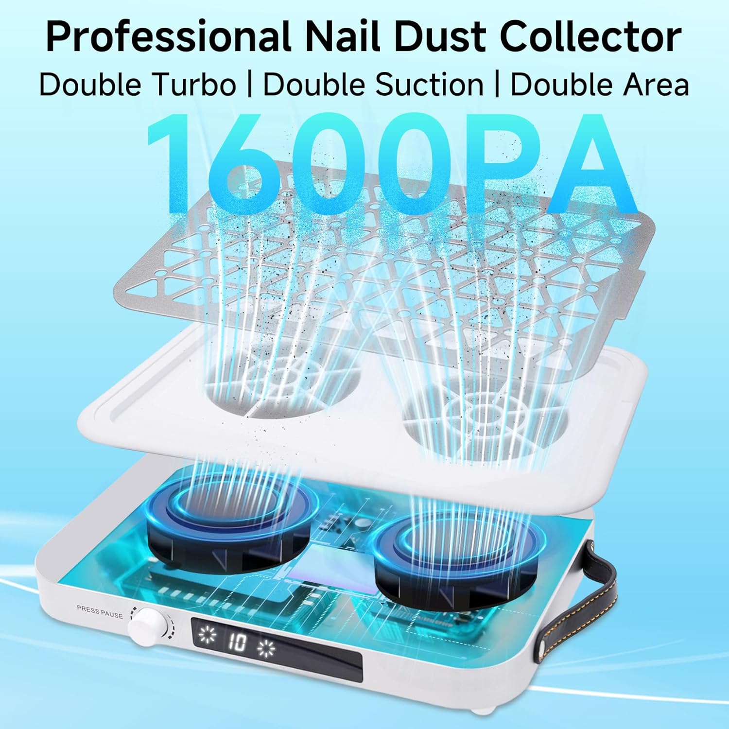 Nail Dust Collector Quiet, 1600PA Professional Nail Vacuum Dust Collector Fan with Dual Turbo Suction, 10-Speed Control, 30 Disposable Filter Papers