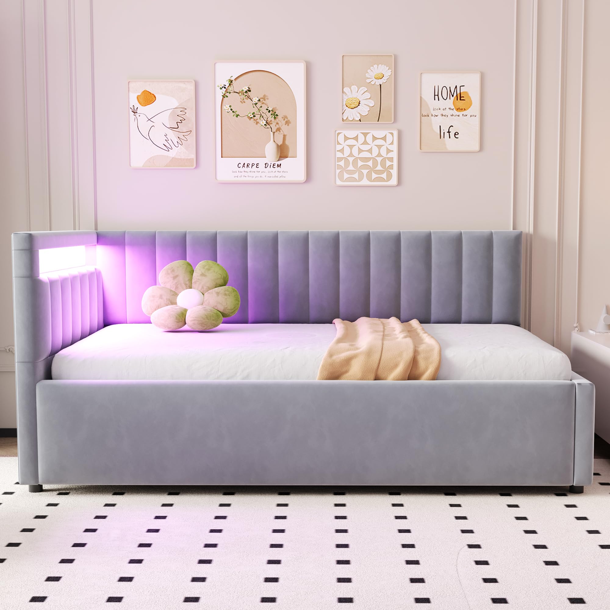 Divano letto imbottito 90 x 200 cm, con illuminazione a LED e spazio idraulico, design classico a righe verticali, testiere laterali con posizioni intercambiabili, rete a doghe, tessuto in velluto