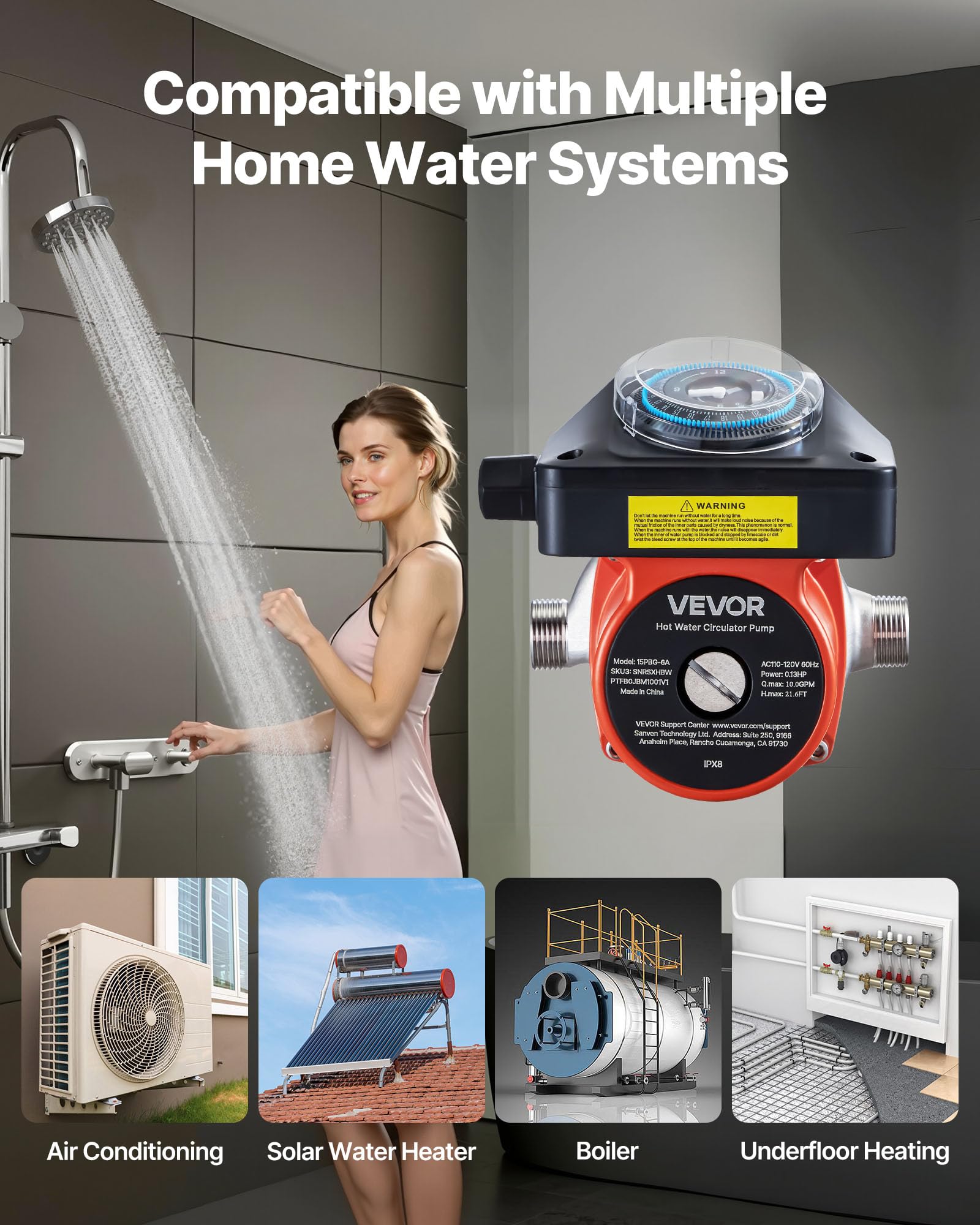 VEVOR Pompa di Ricircolo dell'Acqua Calda 38 L/min 100 W 220-240 V G3/4 G1/2