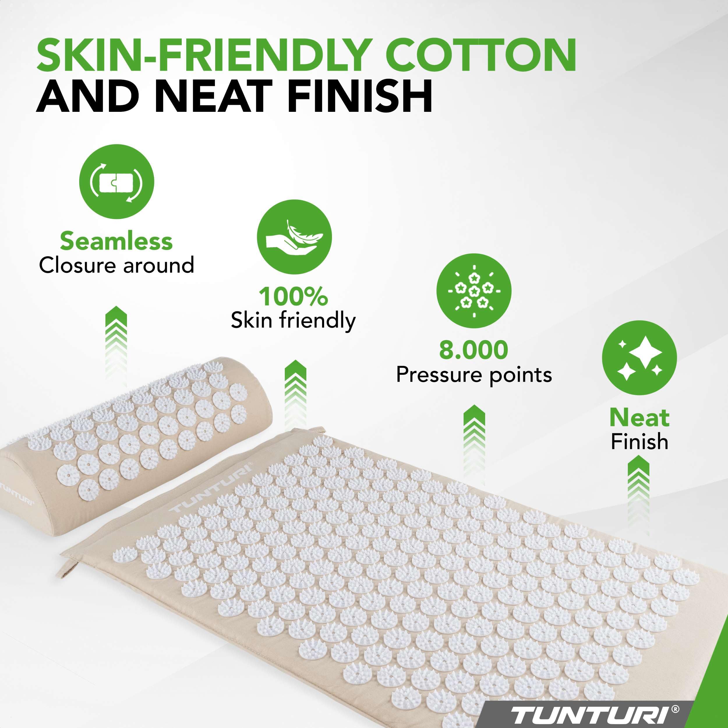 Tunturi Esterilla de acupresión y almohada – Esterilla de acupuntura – Esterilla de acupresión 2 en 1 – Anti estrés – 68 x 42 x 2 cm – Beige