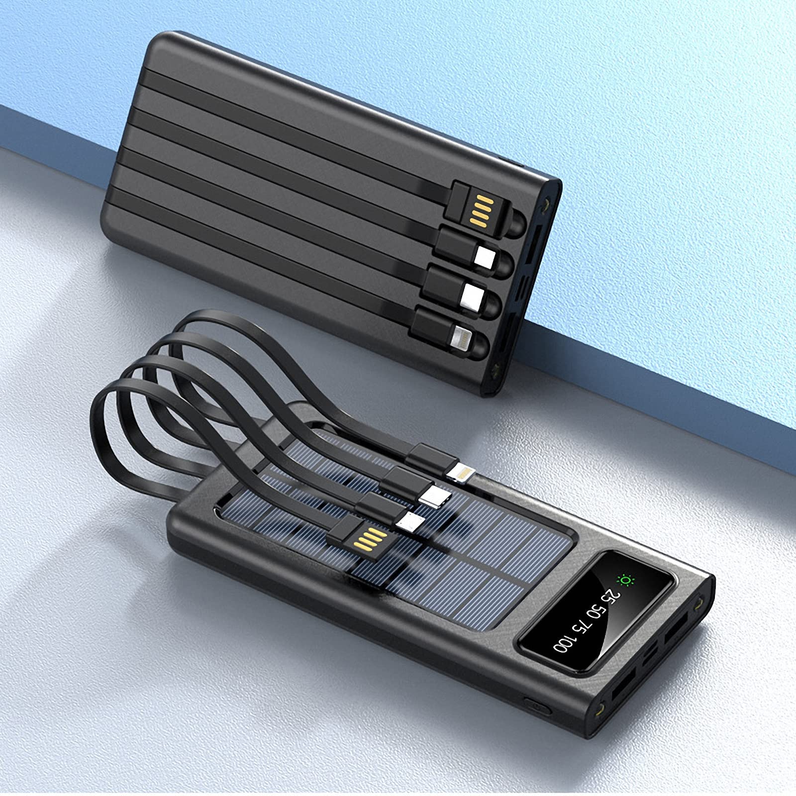 Powerbank solarny 2000 mAh, zewnętrzna bateria zapasowa o dużej pojemności ze światłami LED, w zestawie z kablem do ładowania, prezenty dla przyjaciół i krewnych, kompatybilna ze smartfonami, czarny, 20000 mAh