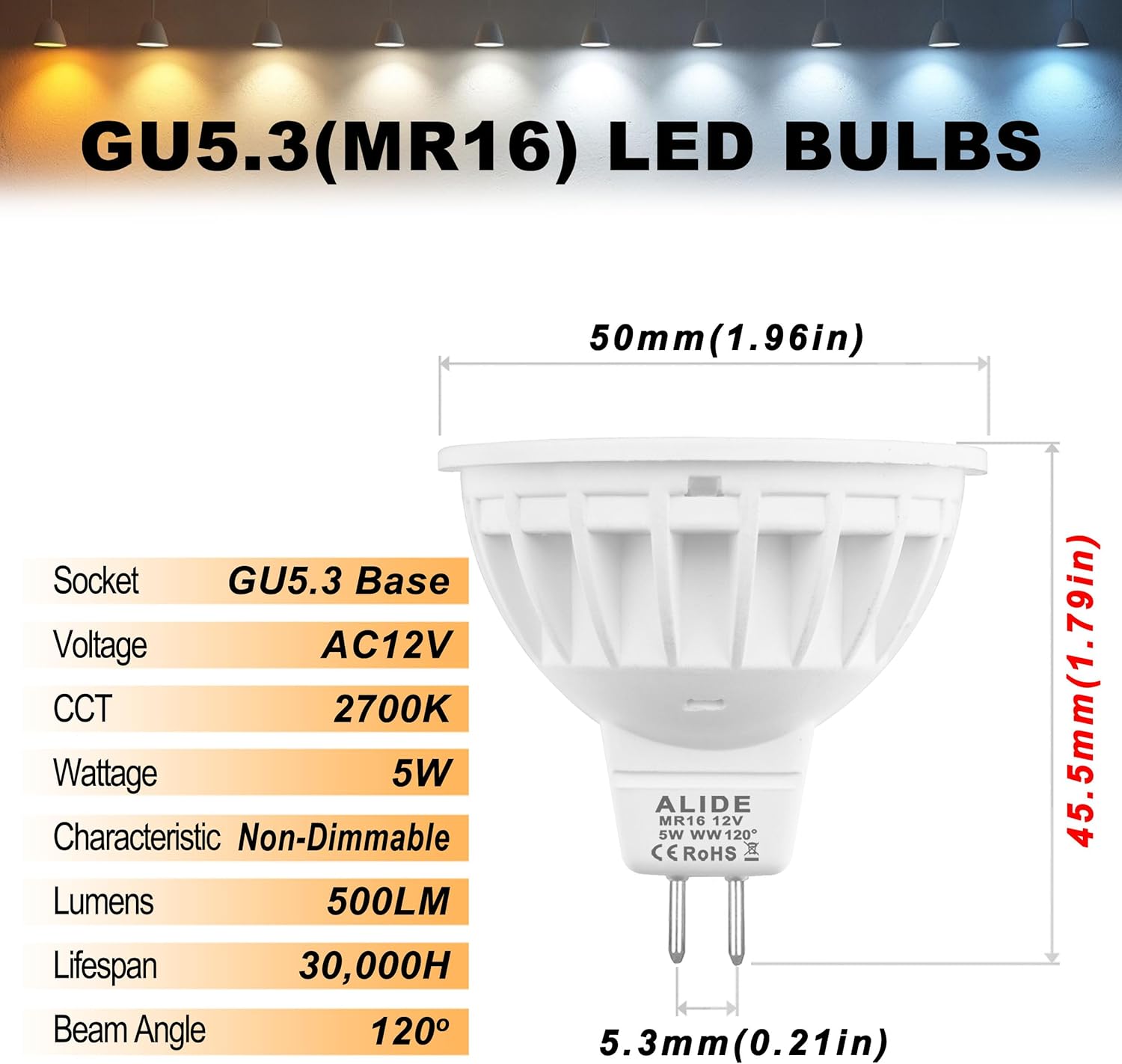 ALIDE 10 Pack MR16 Landscape LED Bulbs 50W Halogen Equivalent,2700K Warm White,5W GU5.3 MR16 Flood 12V Spotlight Bulb,Non-Dimmable,120° Wide Beam Angle for Overhead Tracking Flood Recessed Accent