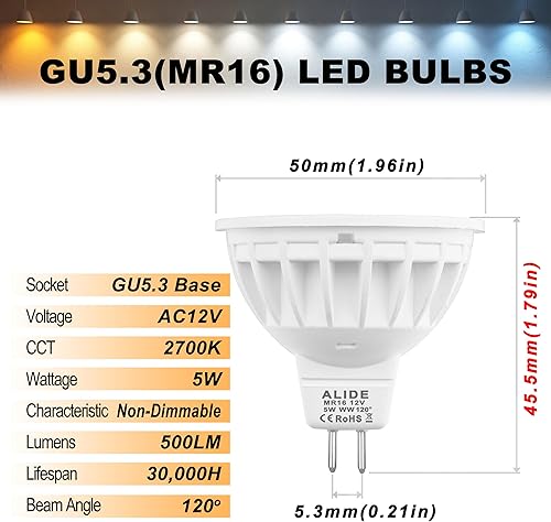 Miniatura 3 de ALIDE Bombillas LED MR16 de 5 W, reemplazo de halógeno de 50 W, haz de gran angular de 120 grados, GU5.3 bi-pin 2700 K blanco cálido, bombilla LED