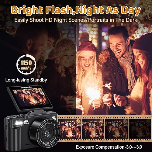 Miniatura 4 de Cámara digital 5K, cámaras WiFi para fotografía, cámaras de vlogging UHD de 75 MP para YouTube, cámara de video de enfoque automático con pantalla