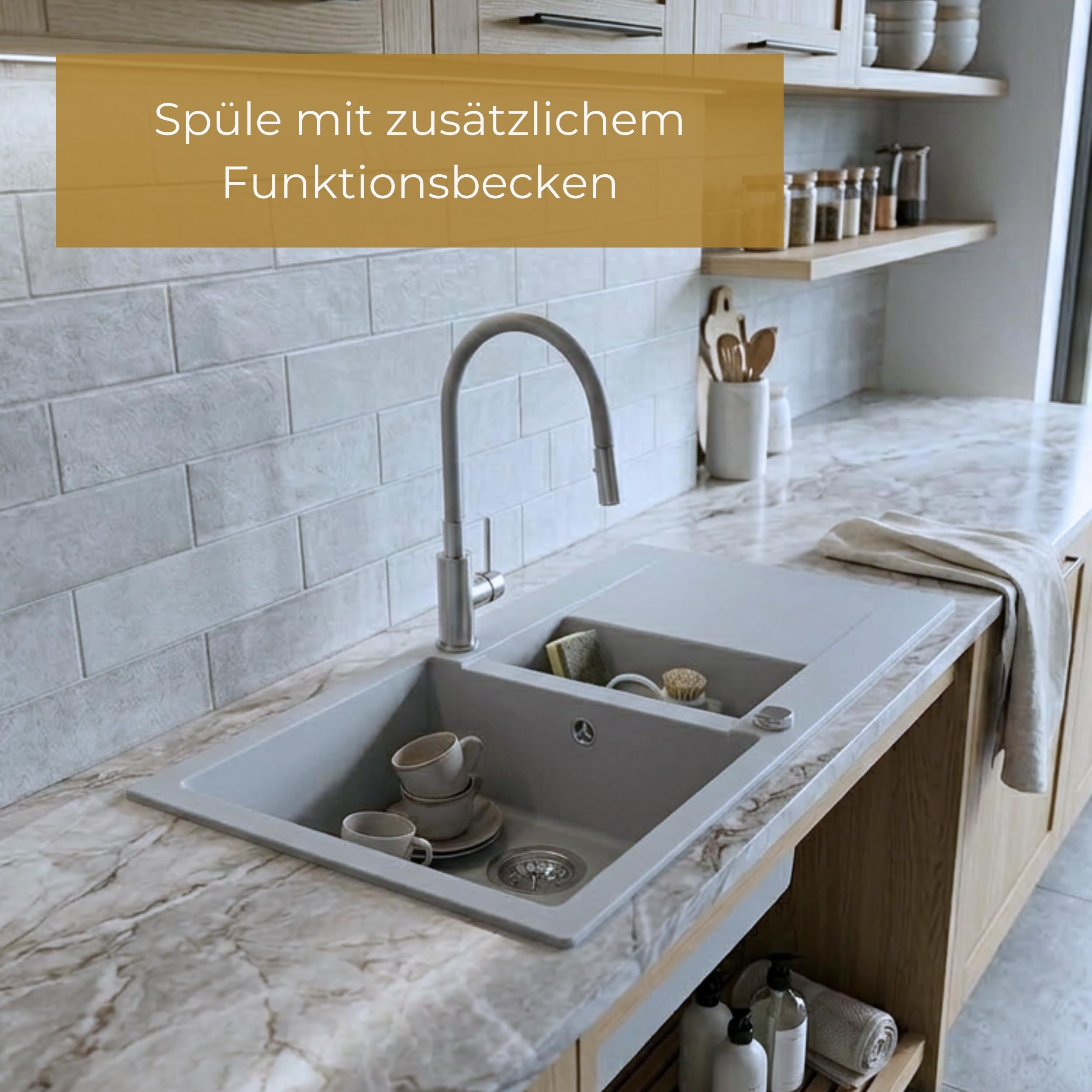 SINK QUALITY Spülbecken grau 79x50 cm, Granitspüle 1,5 Becken, Spüle mit Siphon und Imprägniermittel, Küchenspüle ab 50er Unterschrank