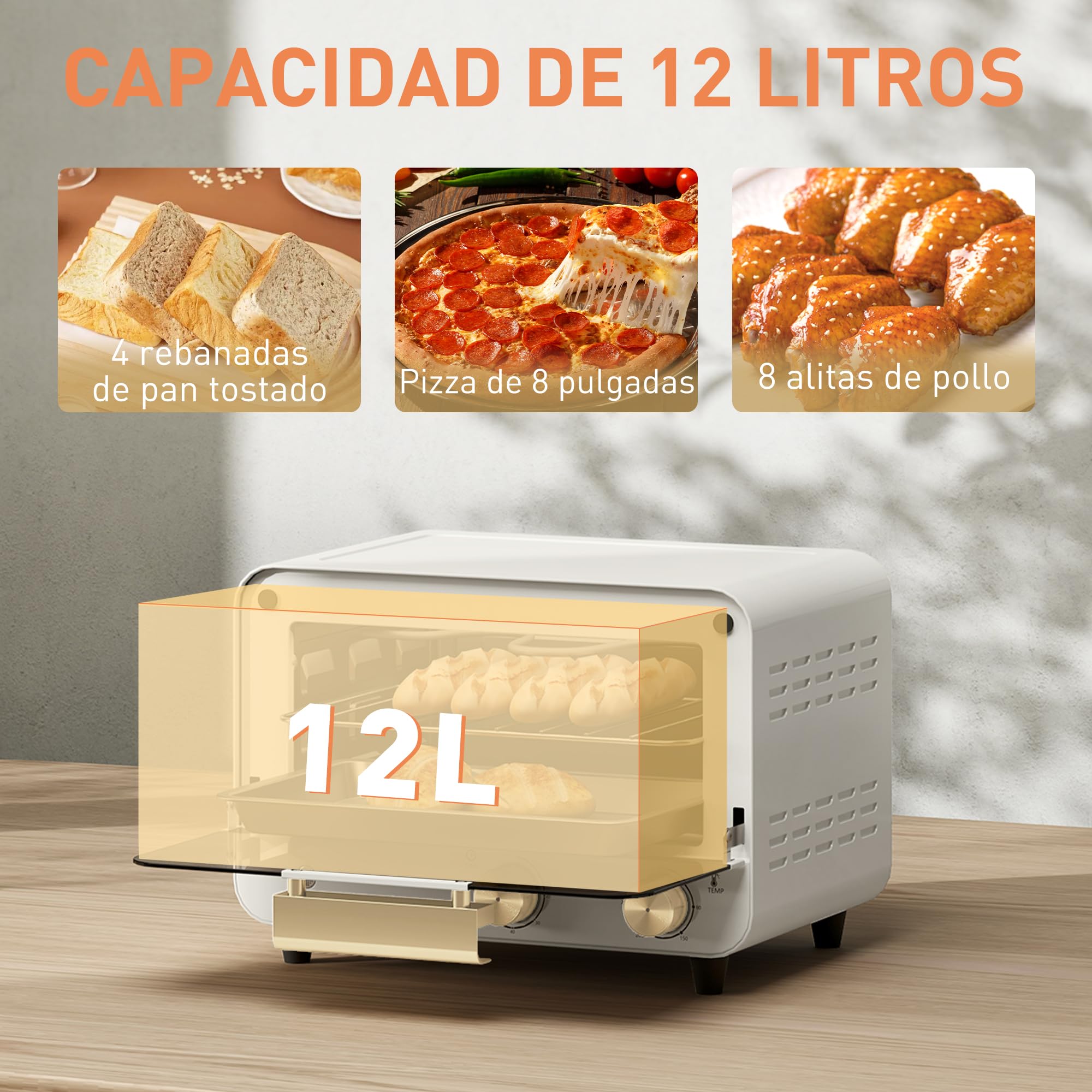HOMCOM Horno Eléctrico de Sobremesa 12L 750W Temporizador Temperatura Ajustable 230℃ Blanco