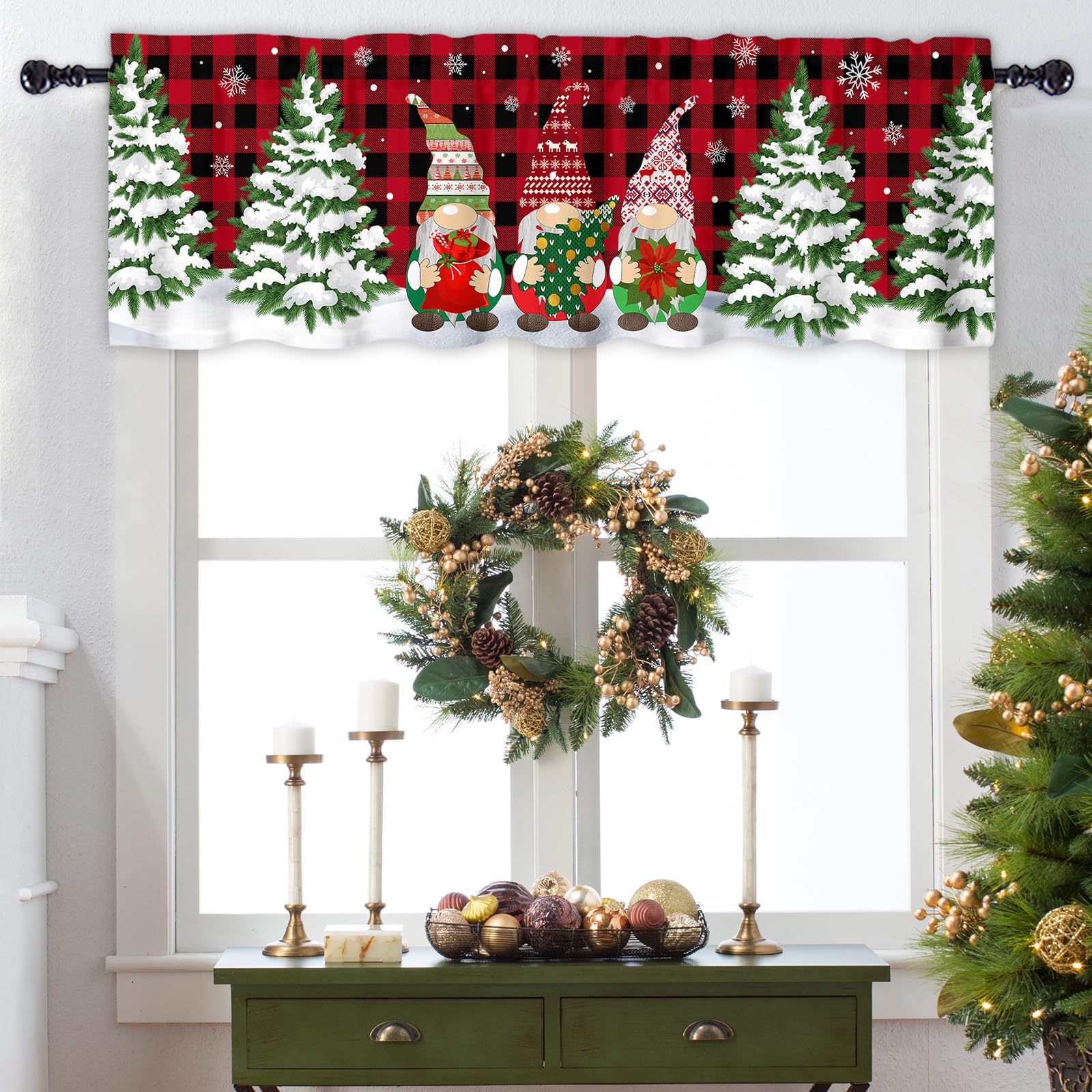Abaysto Christmas Valance for Windows Christmas Gnome Window Toppers Valances Rod Pocket 1 Panel Xmas Tree Red Buffalo Plaid Window Treatments for Bedroom Kitchen Bathroom 45x137cm - Image 3