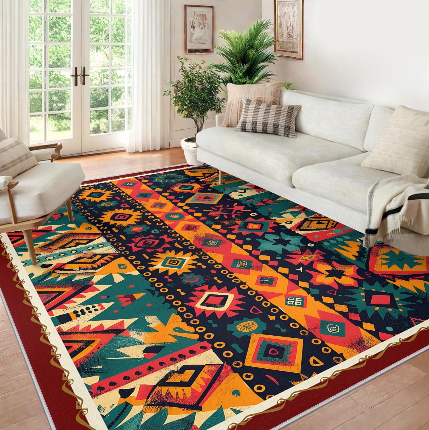 Tappeto colorato tribù etnica azteca Tappeti boho nativi americani lavabili per soggiorno Tappeto per interni morbido antiscivolo a pelo basso per camera da letto 60x90cm