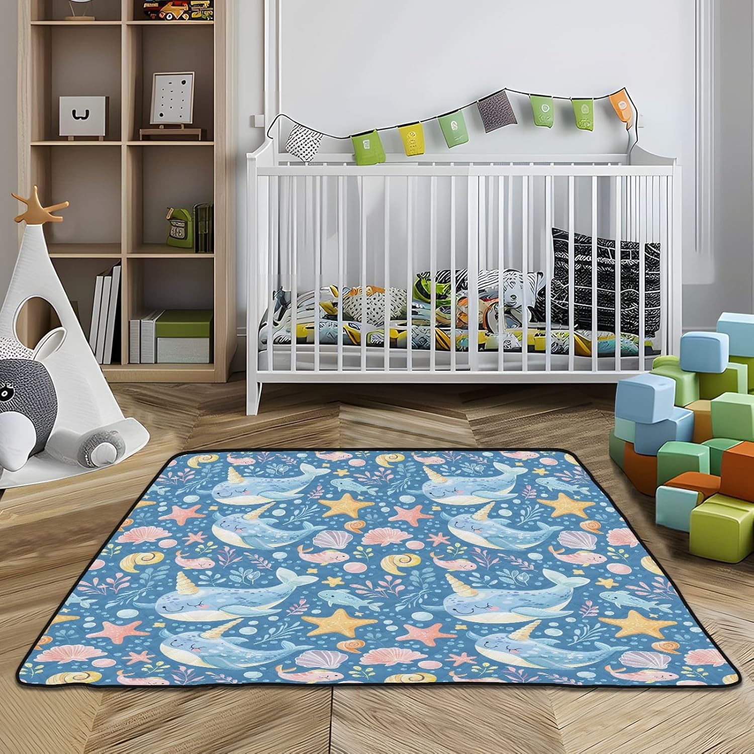 Baby Play Mat Narwhal Sea Pearl Blue 50 x 50 Playpen Mats for Floor Play Gym Crawling Mat Non-Slip Cushioned Baby Playmat for Infants, Babies, Toddlers