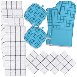 Oven Mitts and Pot Holders Set with Kitchen Towels and Dishcloths, 500 Degree Heat Resistant Oven Gloves and Hot Pads, Premium Soft Cotton Kitchen Hand Towels and Dish Cloth Sets (Turquoise)