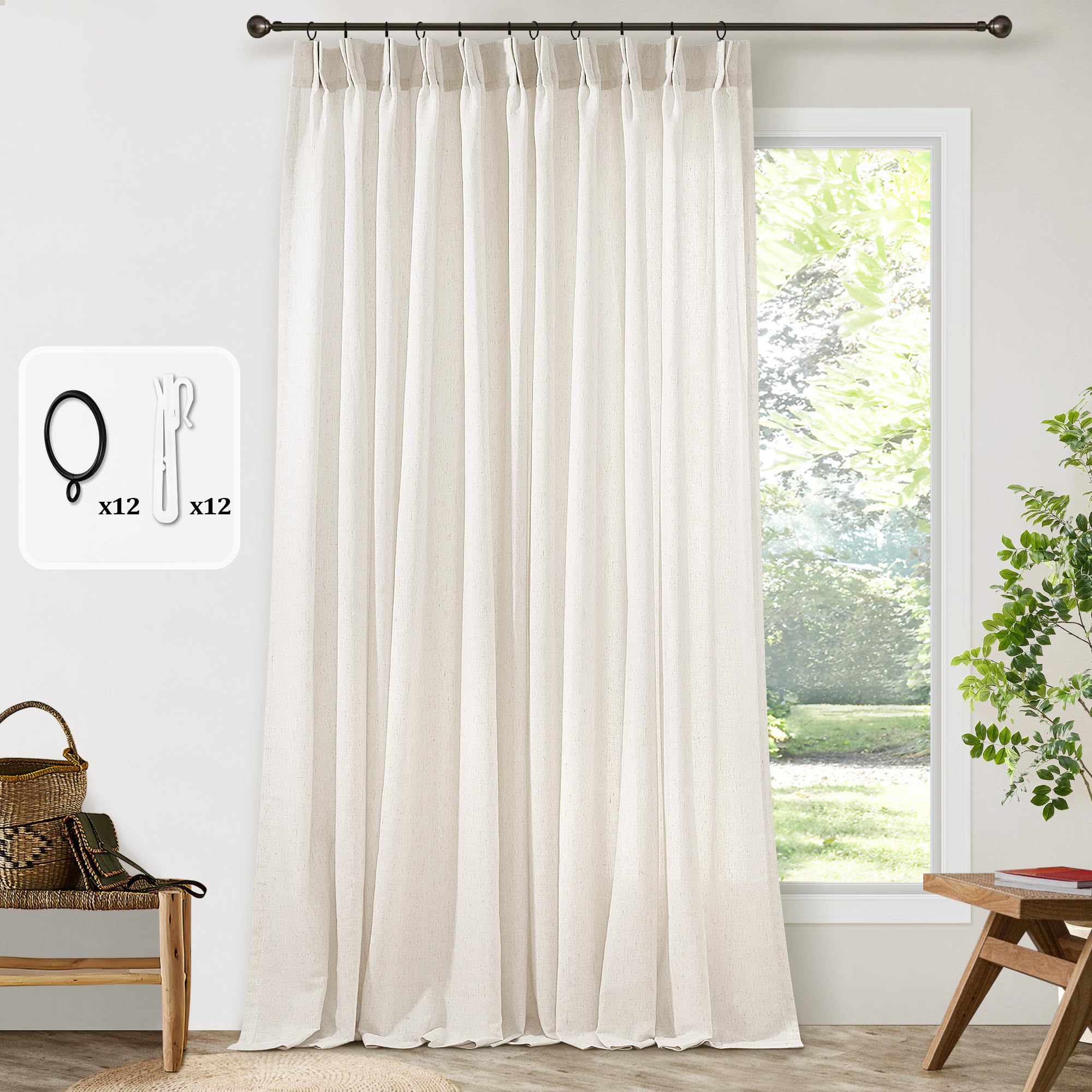 Pinch Pleated Extra Wide Linen Curtains 84 Inches Long for Patio Sliding Glass Door Cream Ivory 72 Inch Wide Pleated Drapes with Hooks Rings Neutral Natural Semi Sheer 72x84 Curtain for Living Room