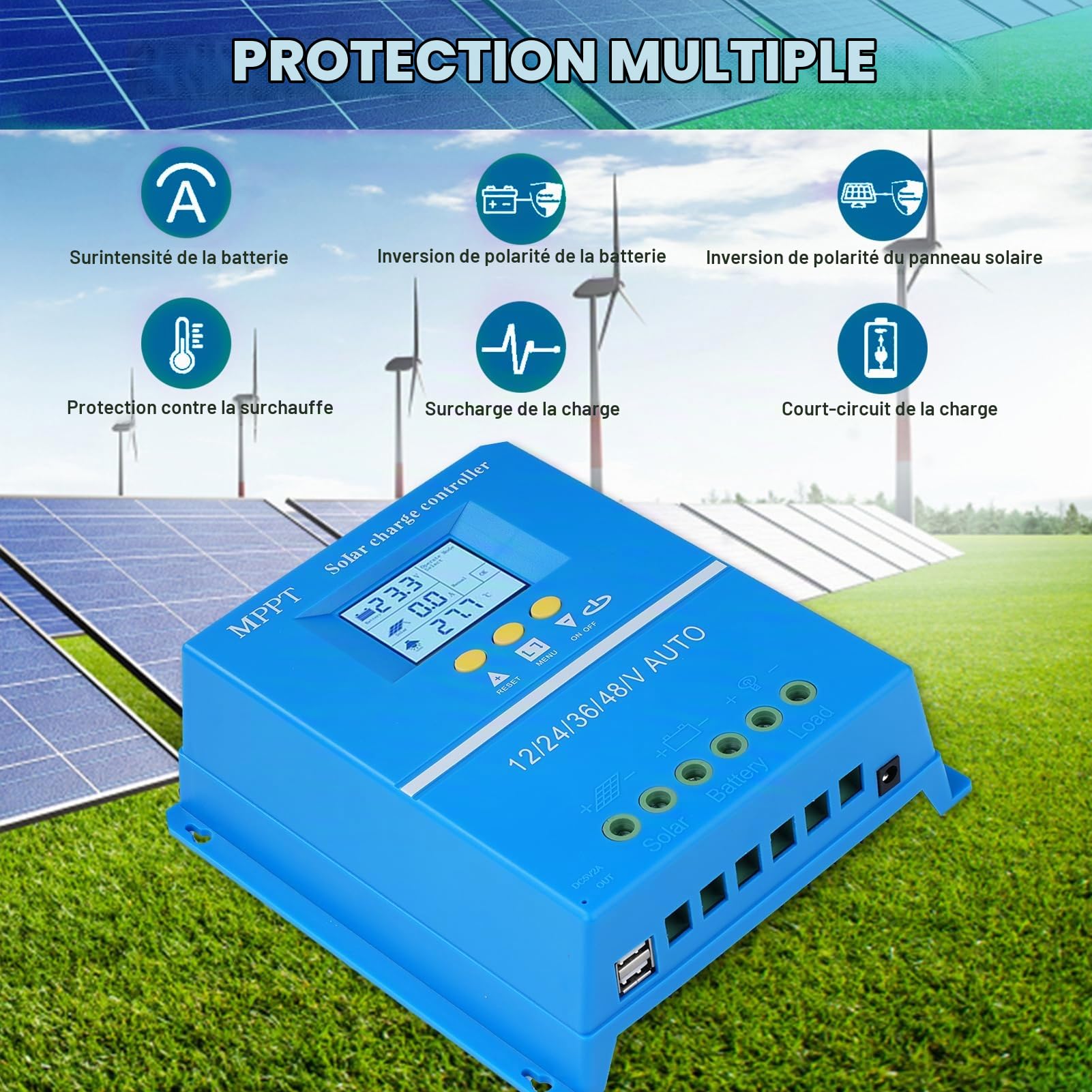 Buyweek MPPT contrôleur de Charge solaire 12 V 24 V 36 V 48 V régulateur de panneau solaire à Identification automatique avec LCD