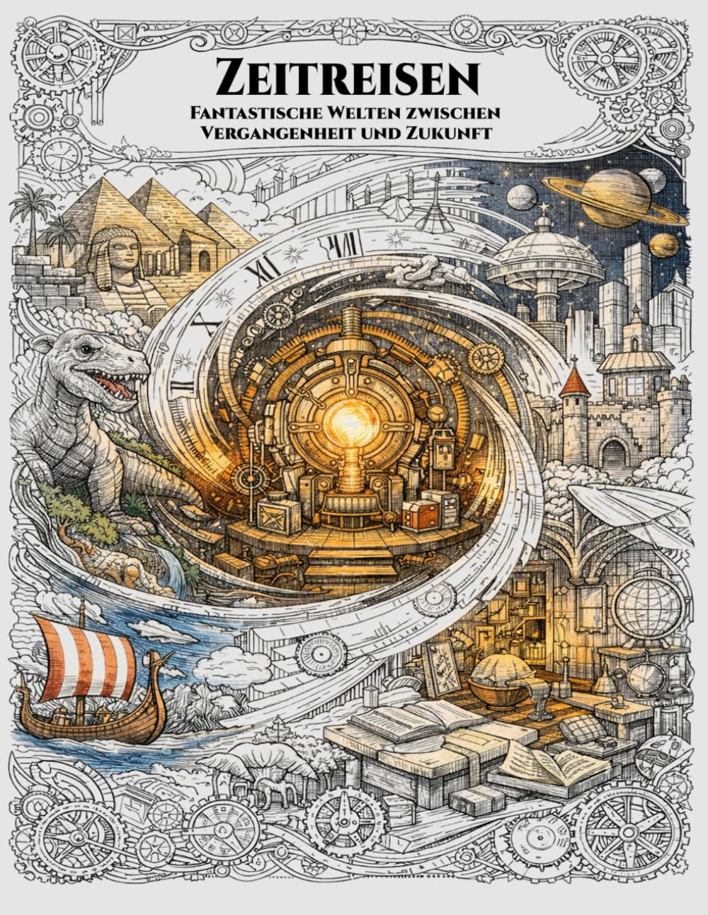 Zeitreisen – Fantastische Welten zwischen Vergangenheit und Zukunft: Ein hochdetailliertes Malbuch für Erwachsene und kreative Entdecker („Chroniken der Zeit“ – Die Ausmalbuch-Reihe für Entdecker)