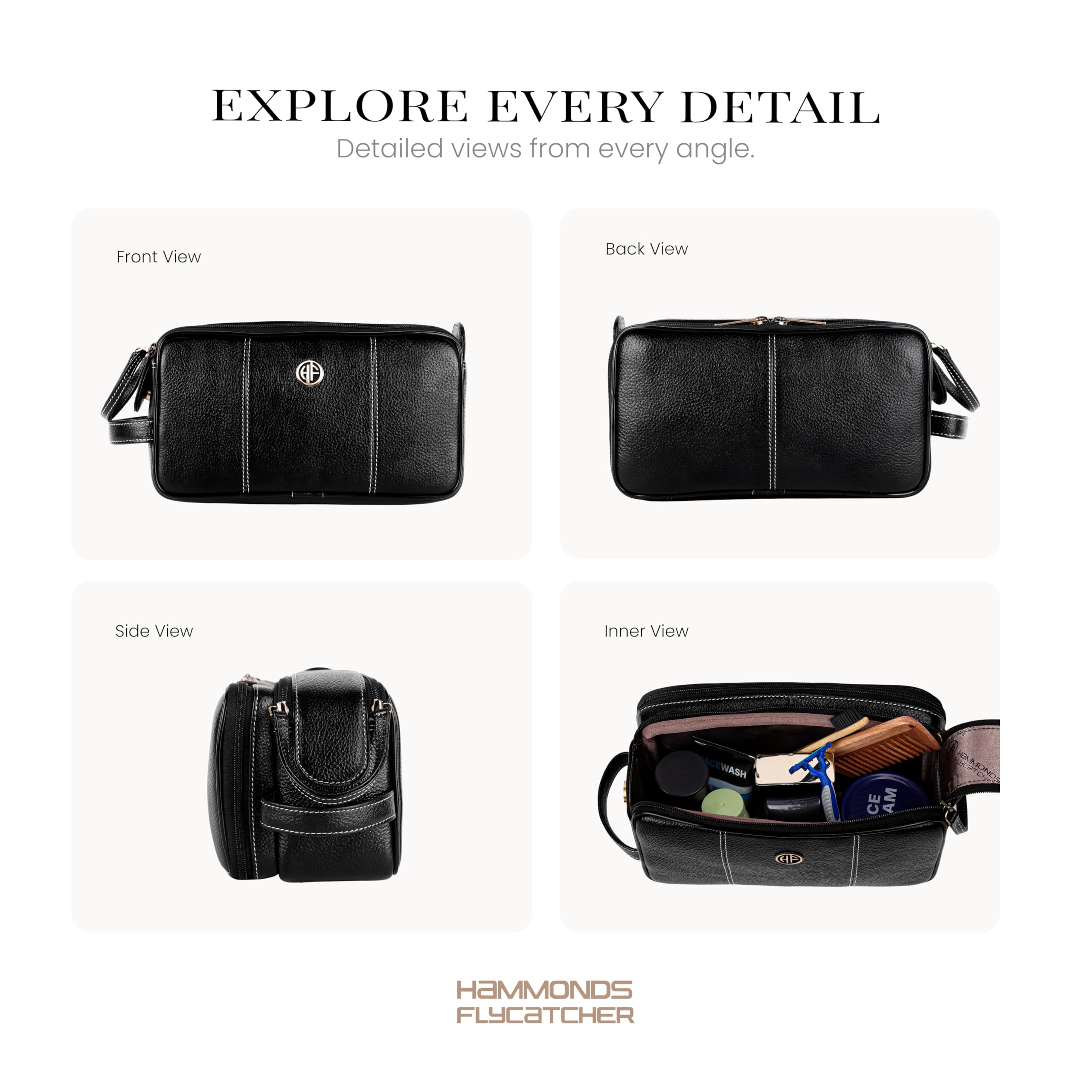 Hammonds Flycatcher Rasiertasche aus echtem Leder für Herren, Leder, Kulturbeutel, Reise-Kulturbeutel, Hygiene- und Pflege-Set, Organizer, tierversuchsfreies Leder und handgenähter Kosmetikkoffer.