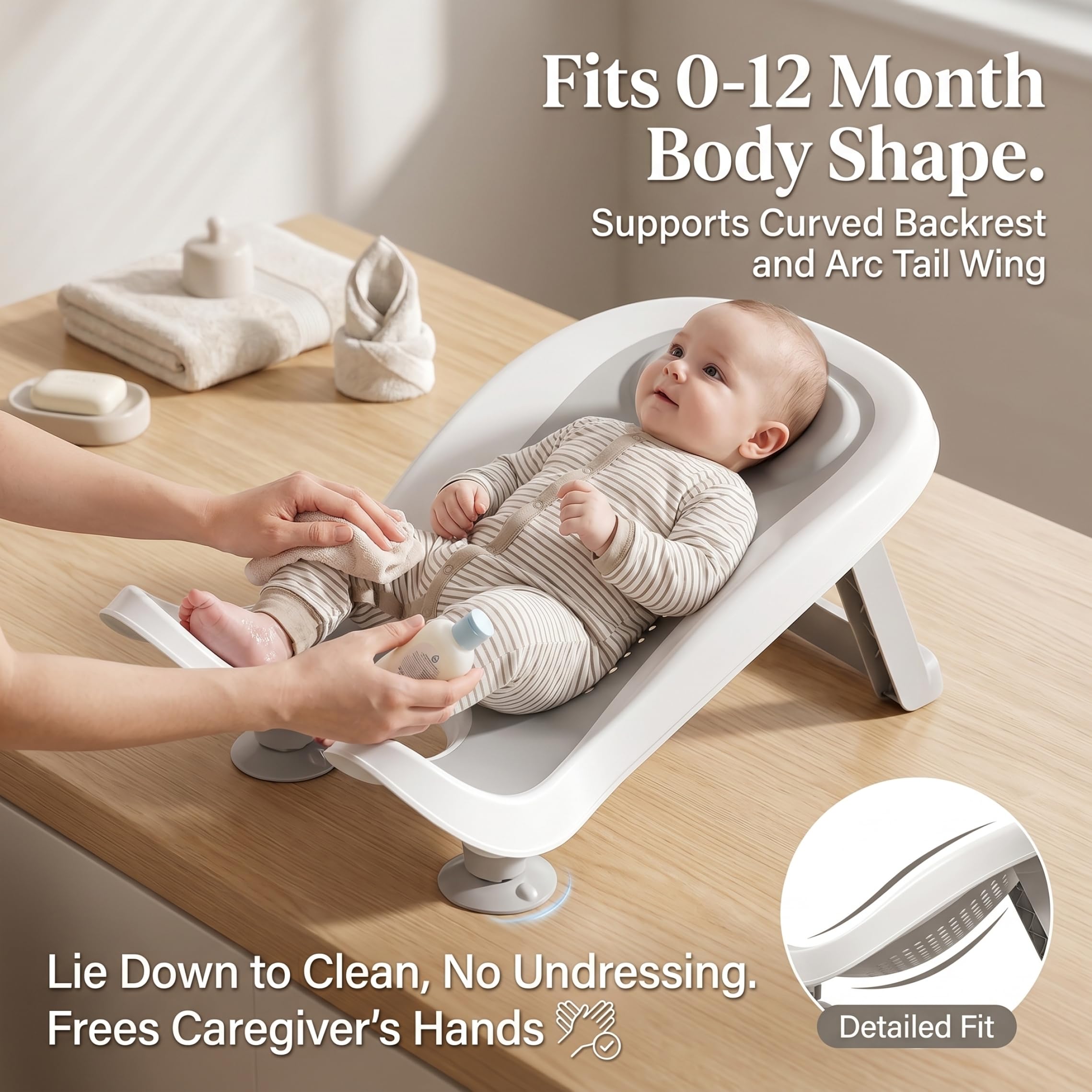 Sedili da bagno, Supporto per bagnetto, Vaschetta ergonomica per neonati con ventosa e soluzione per lavabo antiscivolo per gambe per 0-12 mesi - Grigio