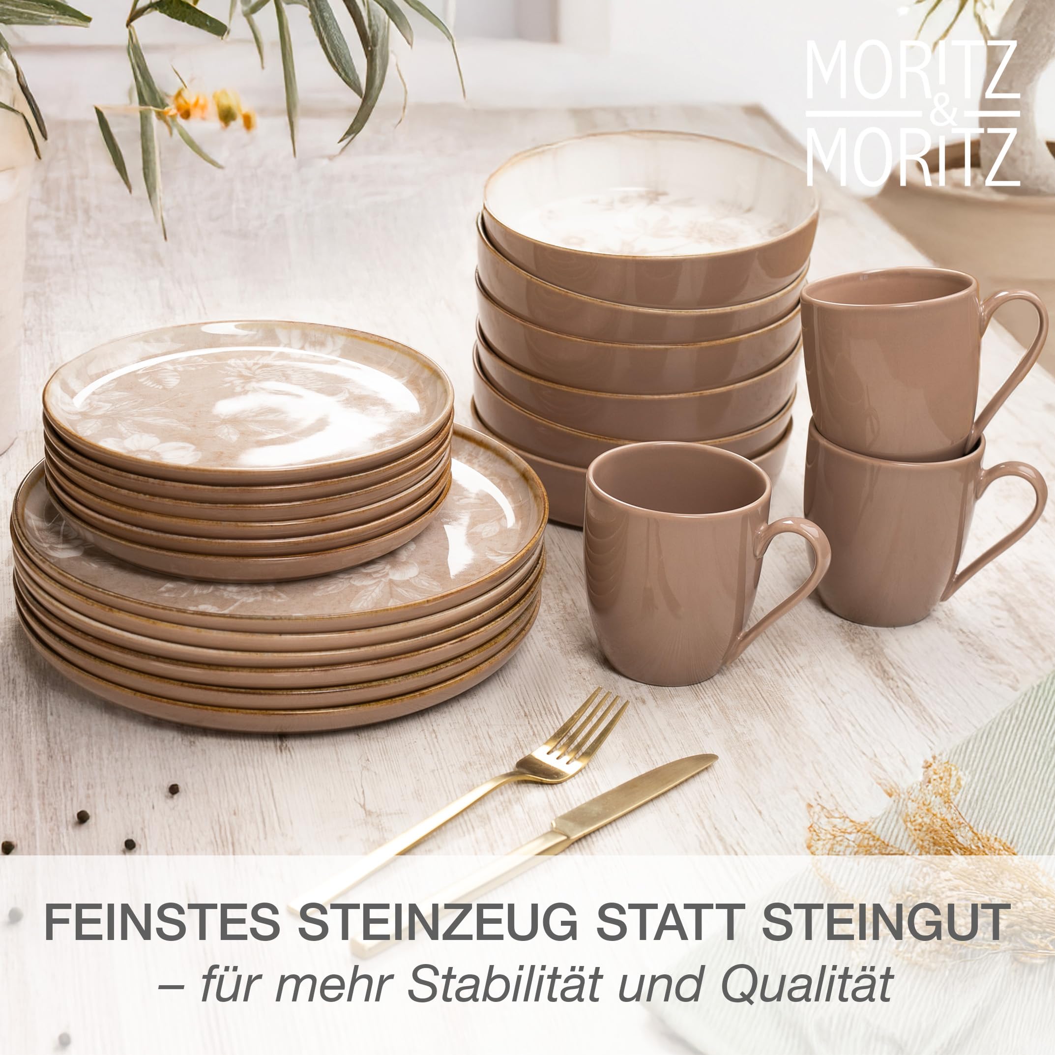 Moritz & Moritz MARIELLA Steingut Geschirrset 6 Personen 24-tlg. - Modernes Tafelservice in Beige mit verspieltem Design, Pflegeleichtes Kaffeeservice mit Teller Set, Schüsseln & Tassen - Kombiservice