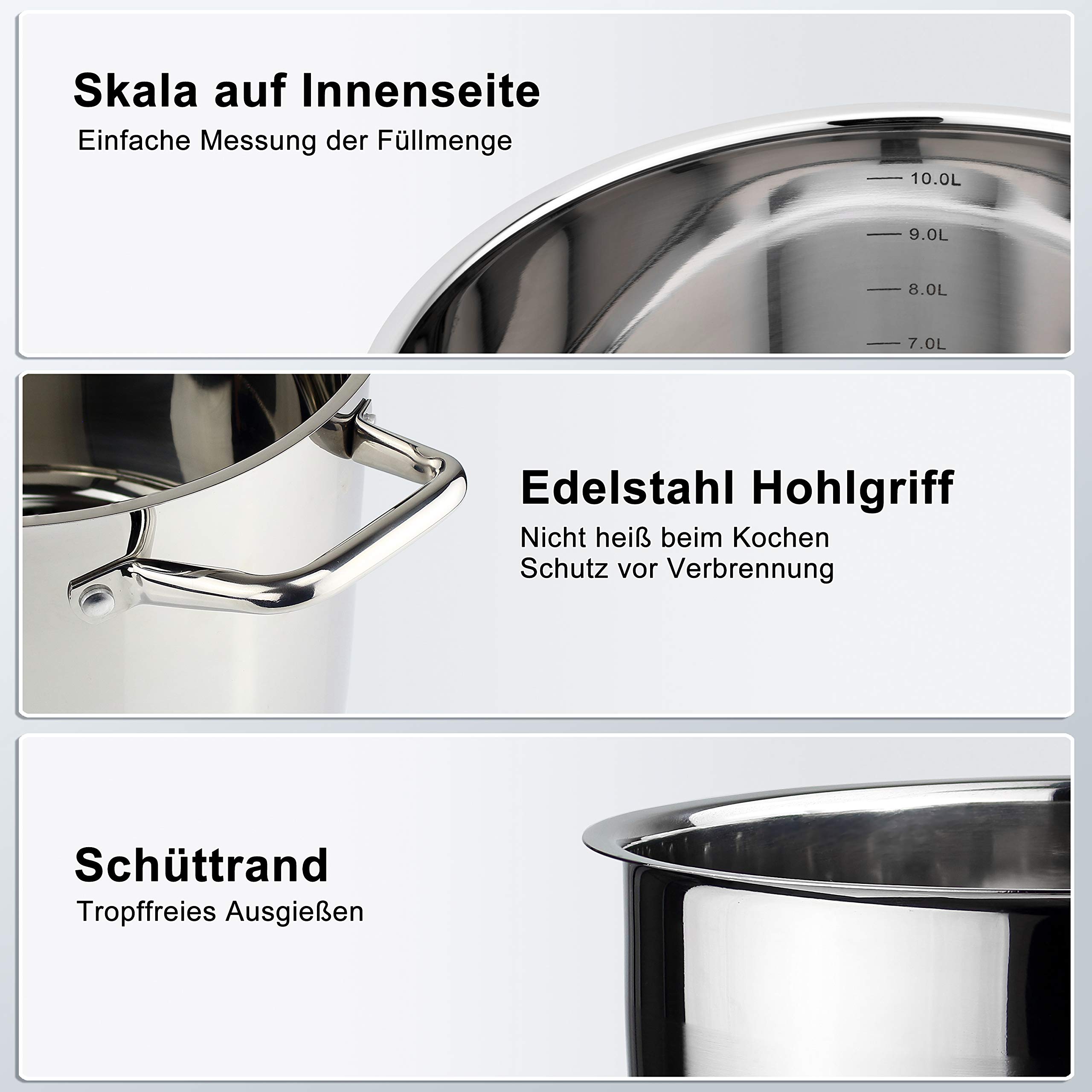 Linnuo Topf 10l mit Glasdeckel, Edelstahltopf, Griff nicht heiß | Topf Induktion geeignet, Stabiler Boden für alle Herdearten | Kochtopf groß, als Suppentopf Kartoffeltopf Nudeltopf | Cooking Pot