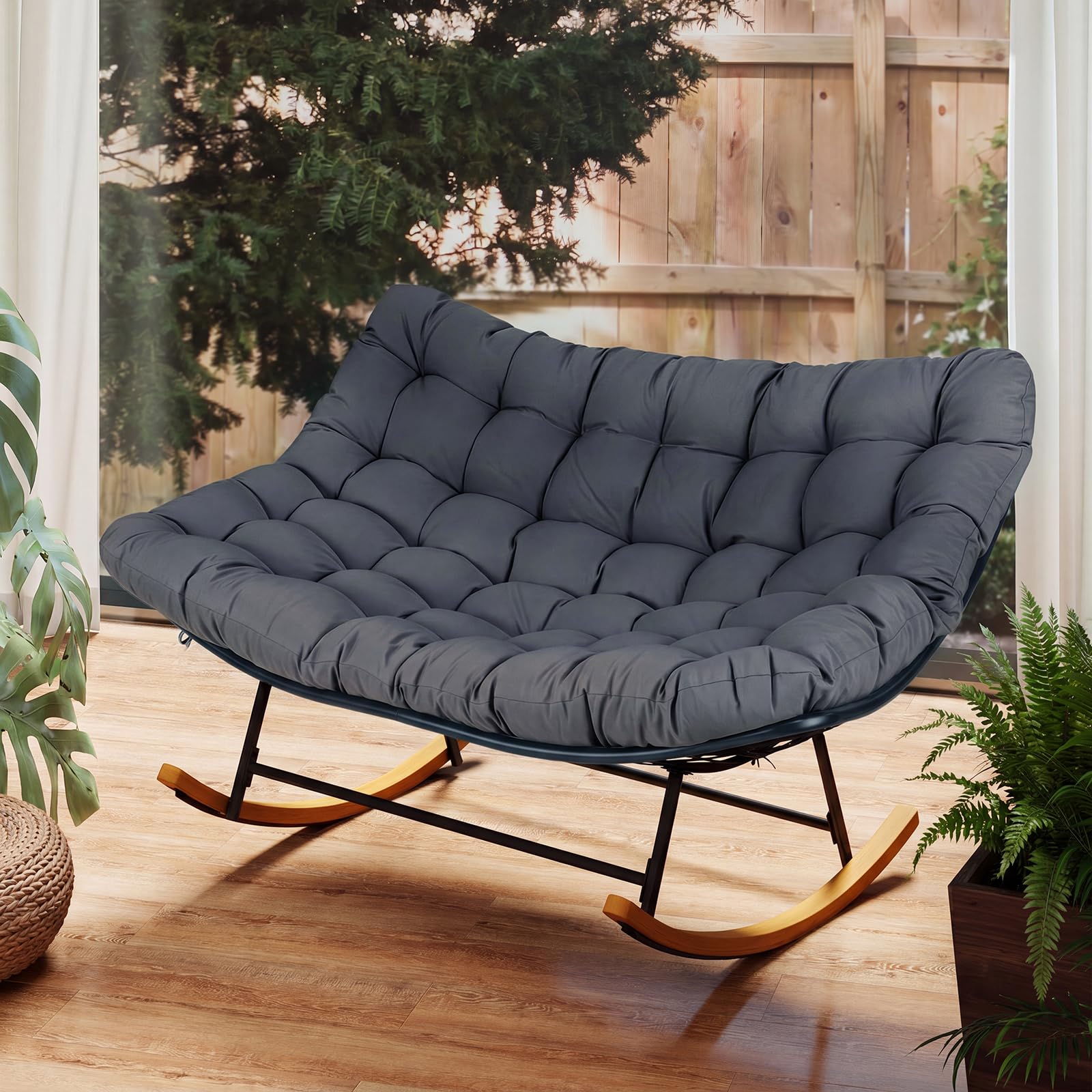 COSTWAY Silla Mecedora Doble Cojín Acolchado, Butaca Salón XXL (Oscuro)