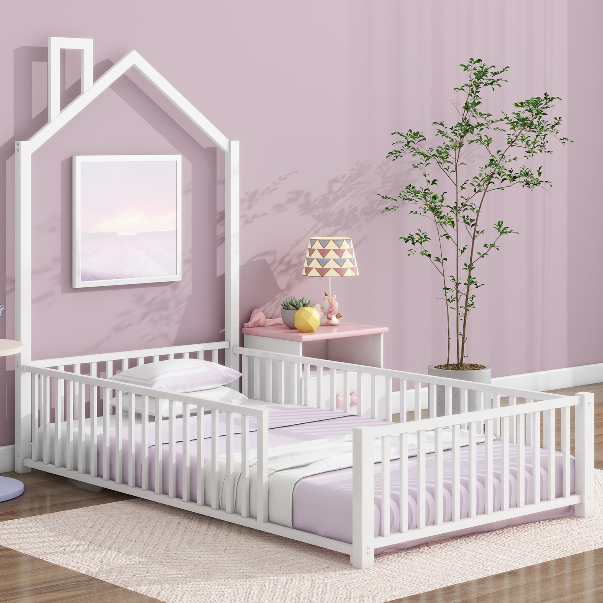 Twin Floor Bed with Full Length Guardrail, Montessori Floor Bed with Headboard and Chimney, Easy Assemble Floor Bed Twin Size, White