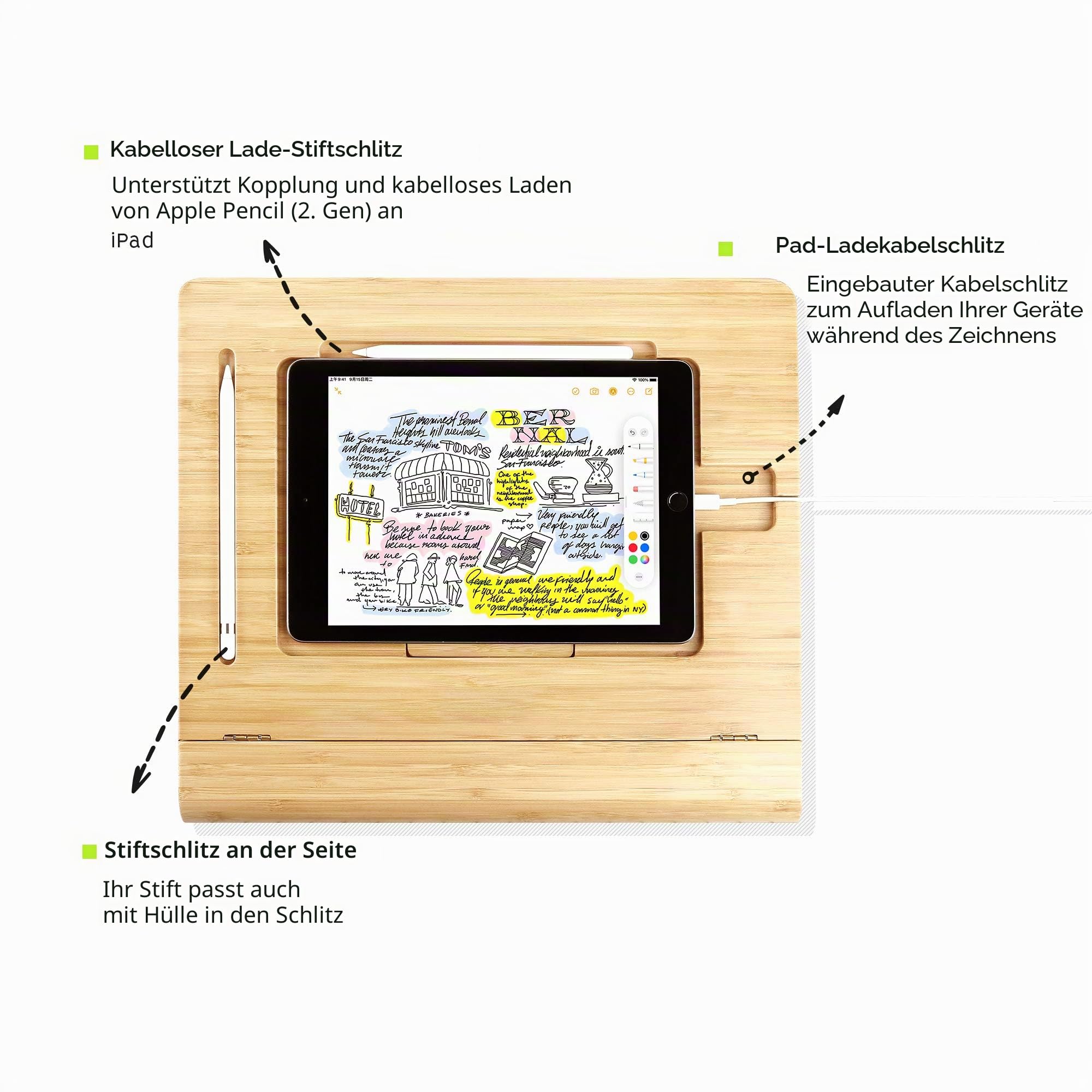 ELETIUO Tablet-Ständer, verstellbar, faltbar, mehrere Winkel, Bambusholz, Organizer, Schreibtischhalter für iPad, stabil zum Zeichnen, Ansehen, Tippen (unterstützt mehrere Geräte)