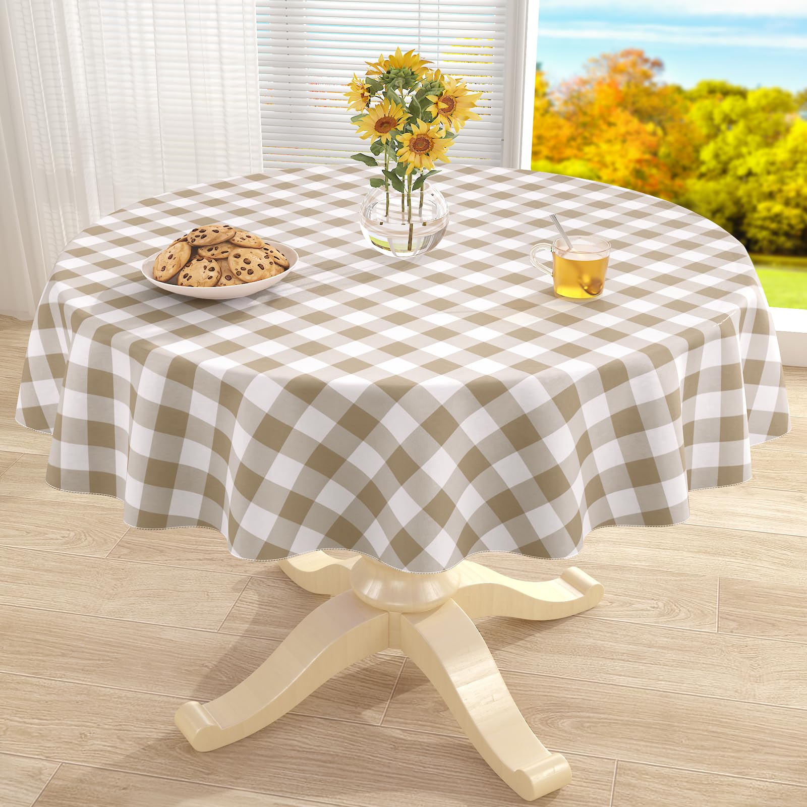 misaya Round Waterproof Vinyl Table Cloth, Flannel Backed Tablecloth
