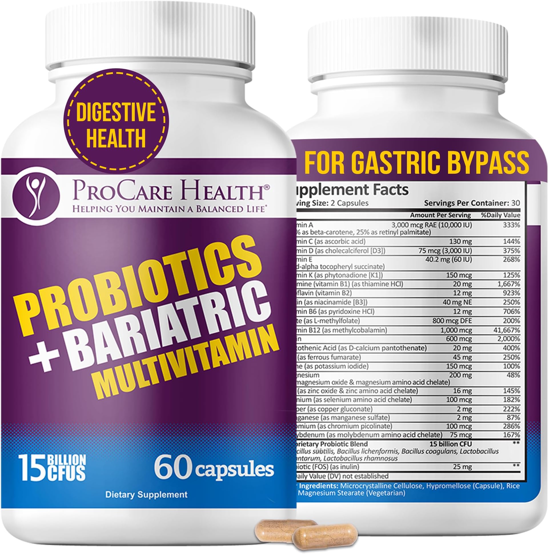 Probiotic Bariatric Multivitamin with Iron 45mg (60 Count) - 15 Billion CFU Bariatric Probiotic Fast Dissolving Veggie Capsules to Support Gut and Immune Health in Bariatric Patients