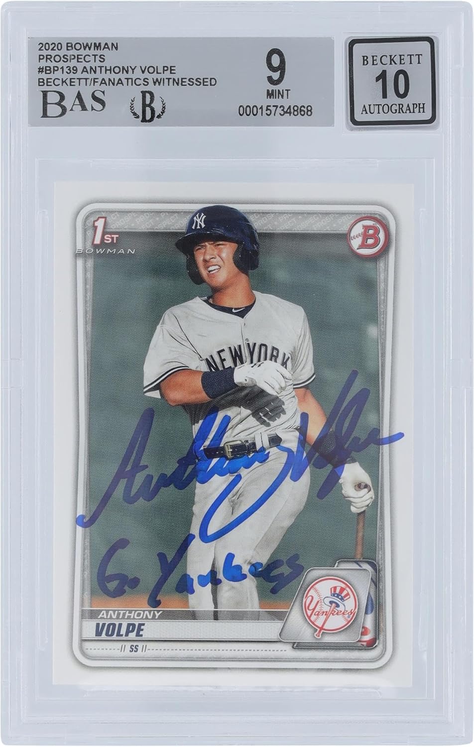 Anthony Volpe New York Yankees Autographed 2020 Bowman Prospects 1st Bowman #BP-139 Beckett Fanatics Witnessed Authenticated 9/10 Card with "Go Yankees" Inscription - Baseball Slabbed Autographed