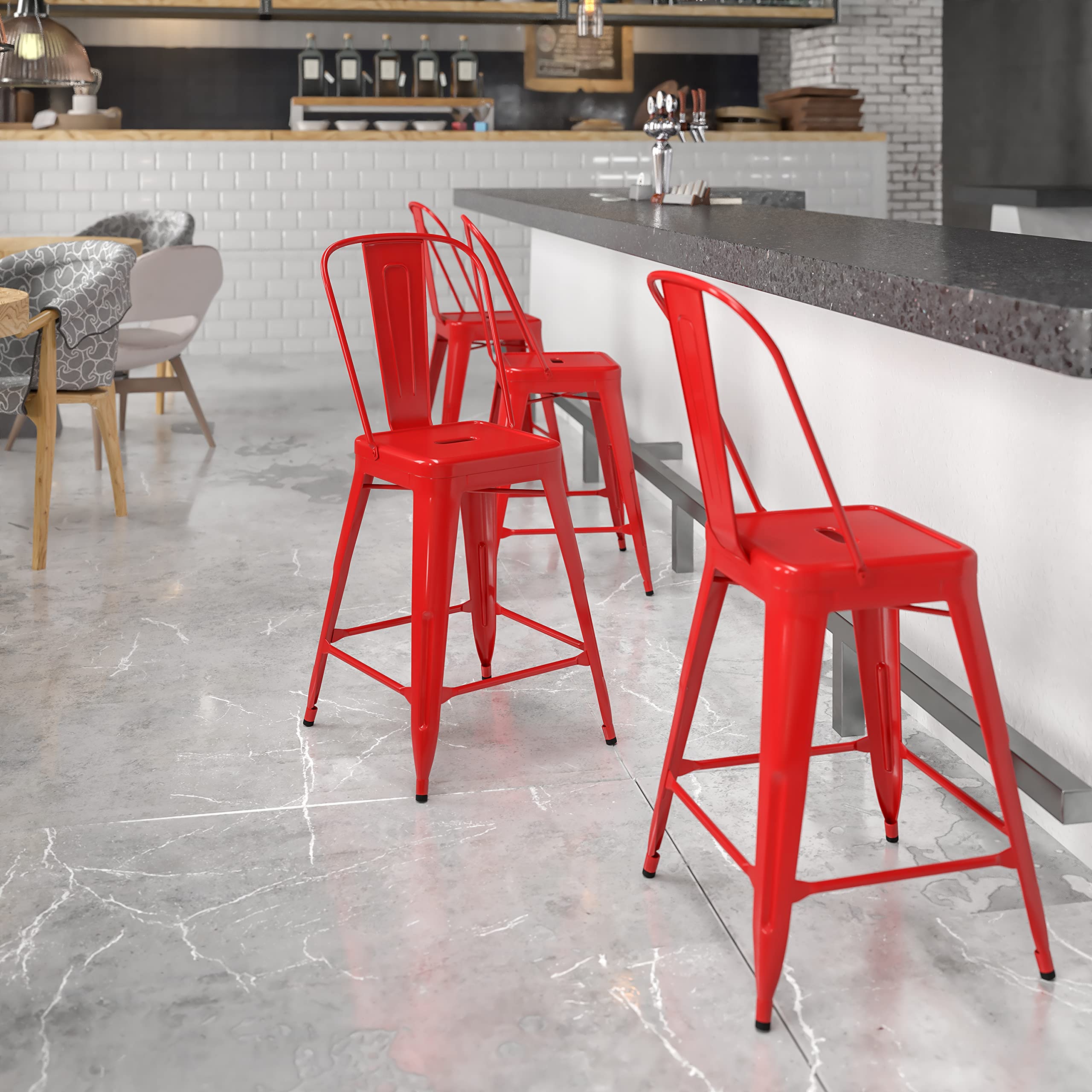 EMMA + OLIVER Commercial Grade 24" H Red Metal Indoor-Outdoor Counter Height Stool w/Back