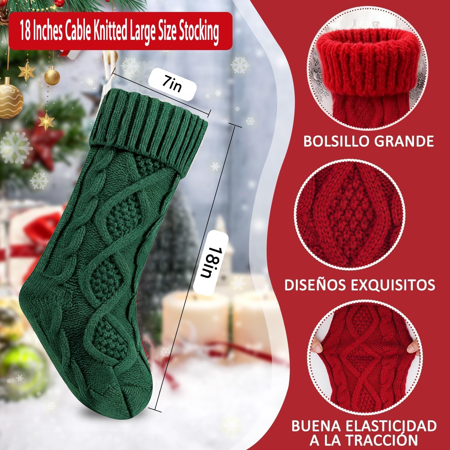 LEDeng Large Cable Knit Christmas Stockings, Fireplace Hanging Christmas Stockings, Perfect for Holiday Home Party Decorations, Unique Burgundy and White and Green Knitted Christmas Stockings (White) - Image 3