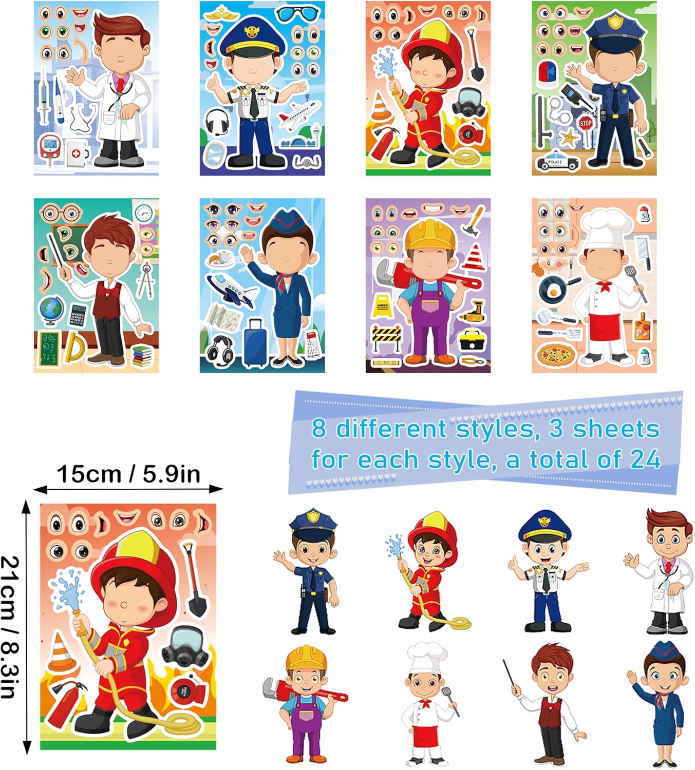 24 Pcs Career Make a Face Stickers, Doctor Police Firefighter Engineer Party Games Decal Mix and Match Sticker, Make Your Own Career Stickers for Adults DIY Crafts Birthday Party Supplies