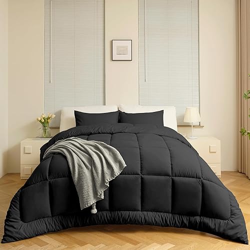 Miniatura 2 de ELNIDO QUEEN Juego de edredón tamaño individual, juego de edredón negro para todas las estaciones con 1 funda de almohada, juego de ropa de cama