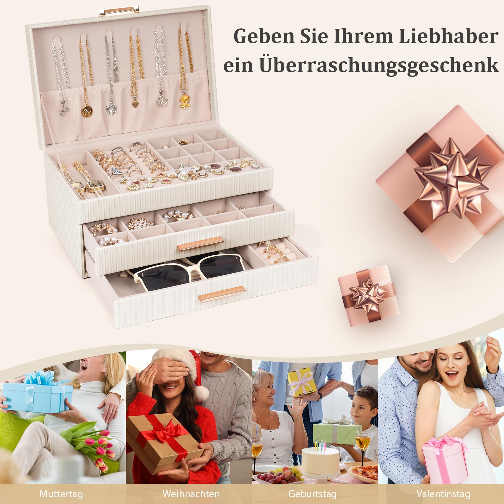 Dajasan Schmuckkästchen, Groß Schmuckaufbewahrung, 3 Ebenen Schmuckkasten mit 2 Schubladen, Schmuckschatulle für Schminktisch, PU-Leder Vertikale Textur, Modern, Geschenk für Damen Mädchen (Beige)