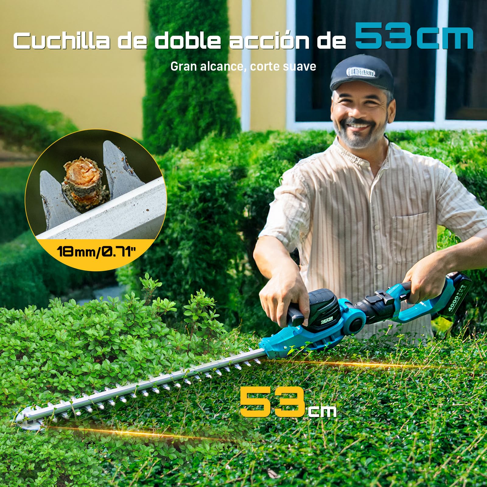 SEESII Cortasetos a Batería 2 en 1, Cortasetos Telescópico con Hoja Doble de 53 cm, Alcance Máximo de 2,6 m, Capacidad de Corte de 18 mm, 2 Baterías de 4,0 Ah, Ideal para Árboles y Arbustos del Jardín