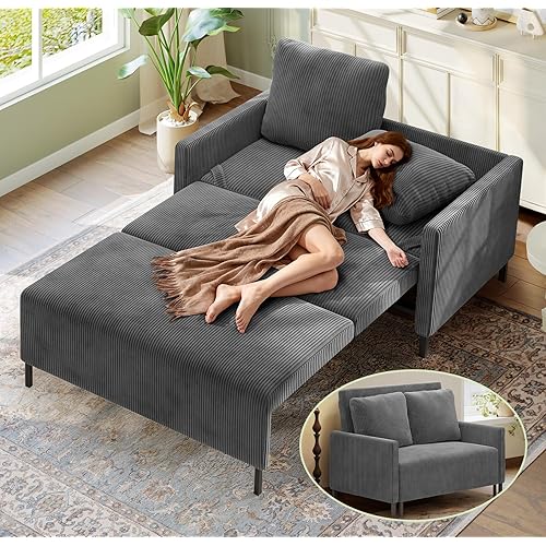 Welzona 47.2" Convertible Sofa Bed Couch, Comfy Corduroy Couch Bed, All in 1 Loveseat Sleeper Sofa, Love Seat Sleeper Bed with 2 Pillows, Modern Couches for Living Room/Apartment/Home/Office, Grey