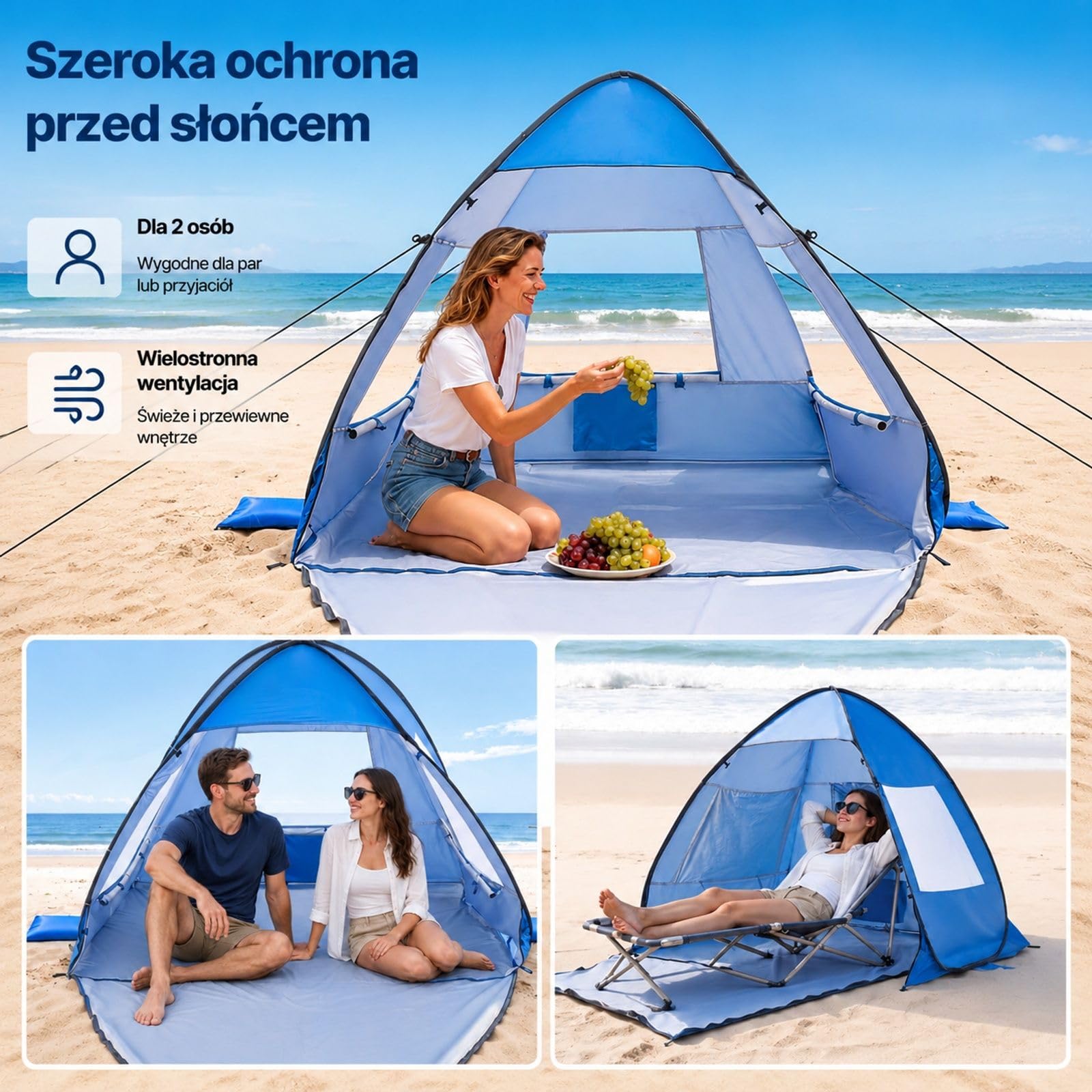 Przenośny namiot plażowy dla 2 osób z torbą transportową, metalowymi słupkami, na kemping, wędkowanie, piknik