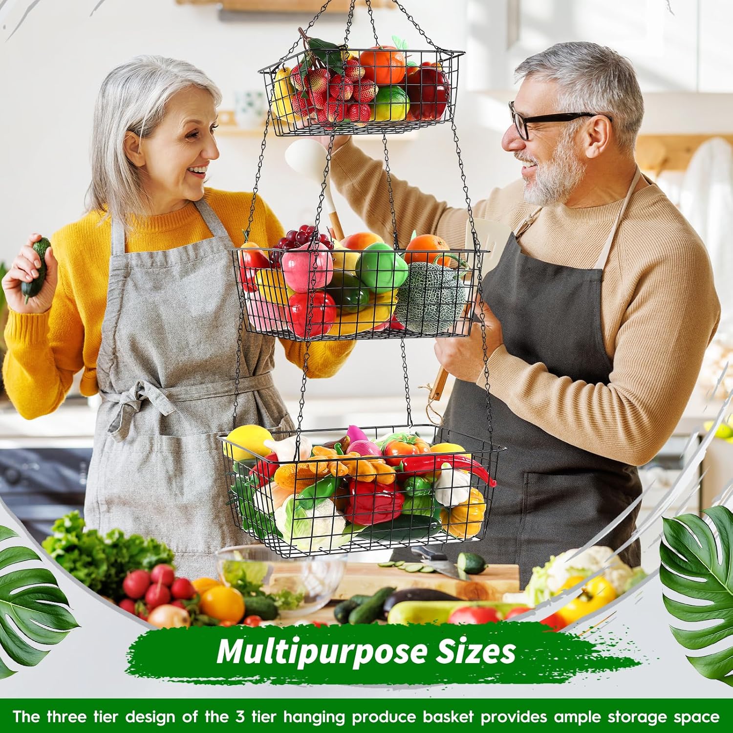 Hicarer 3 Tier Hanging Fruit Basket Square 35.4 Inch Fruit Organizer Kitchen Heavy Duty Wire Organizer with Metal Ceiling Hooks for Kitchen Vegetable Produce Storage