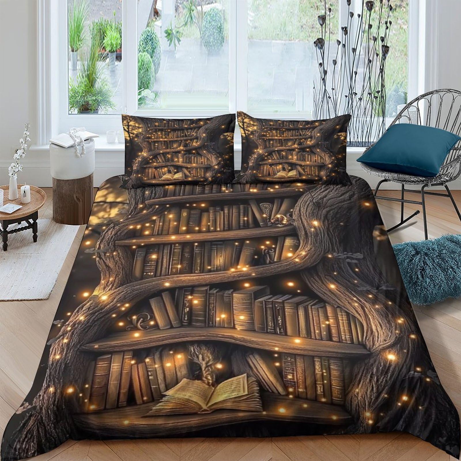 Ctjqhvkz Style-5 3D Printed Magic Bookshelf Fitted Sheet Microfiber Soft Decorative Fairy Lights Bed Cover For Bedroom Guest Room Single（135X200cm）