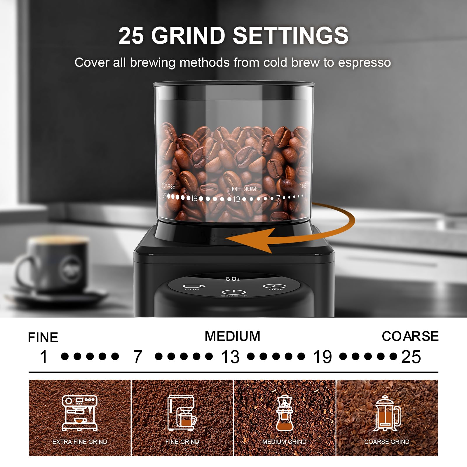 Macina Caffe' Elettrico Bava Conica,Macinacaffè per Uso Domestico con 25 Impostazioni di Macinatura e Regolabili per Espresso,Drip e French Press,Touch Screen con Doppia Modalità,Antistatico,Nero