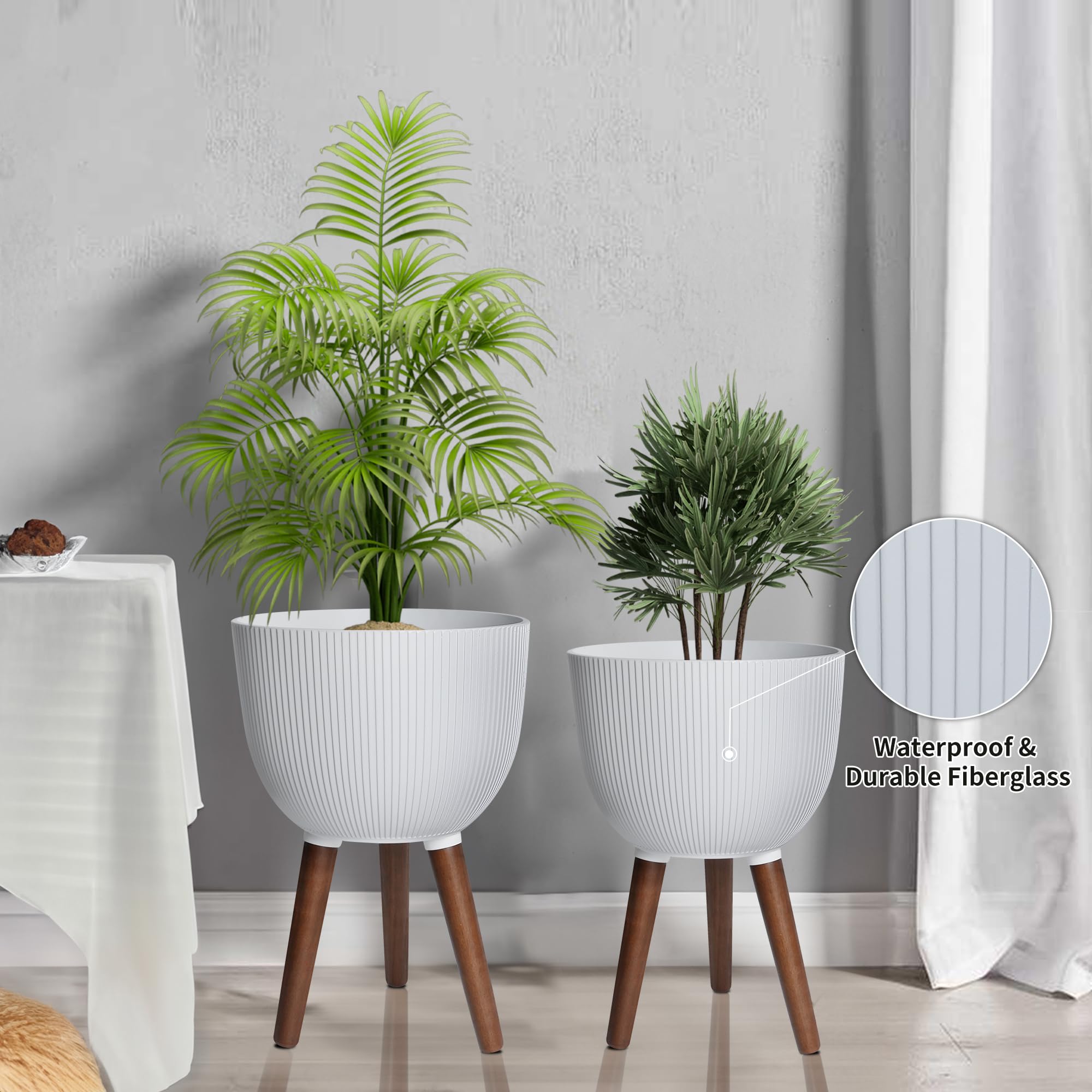 Macetero Moderno Con Patas De Madera – Blanco, Con Interior Extraíble, Ideal Para Plantas De Interior Y Decoración