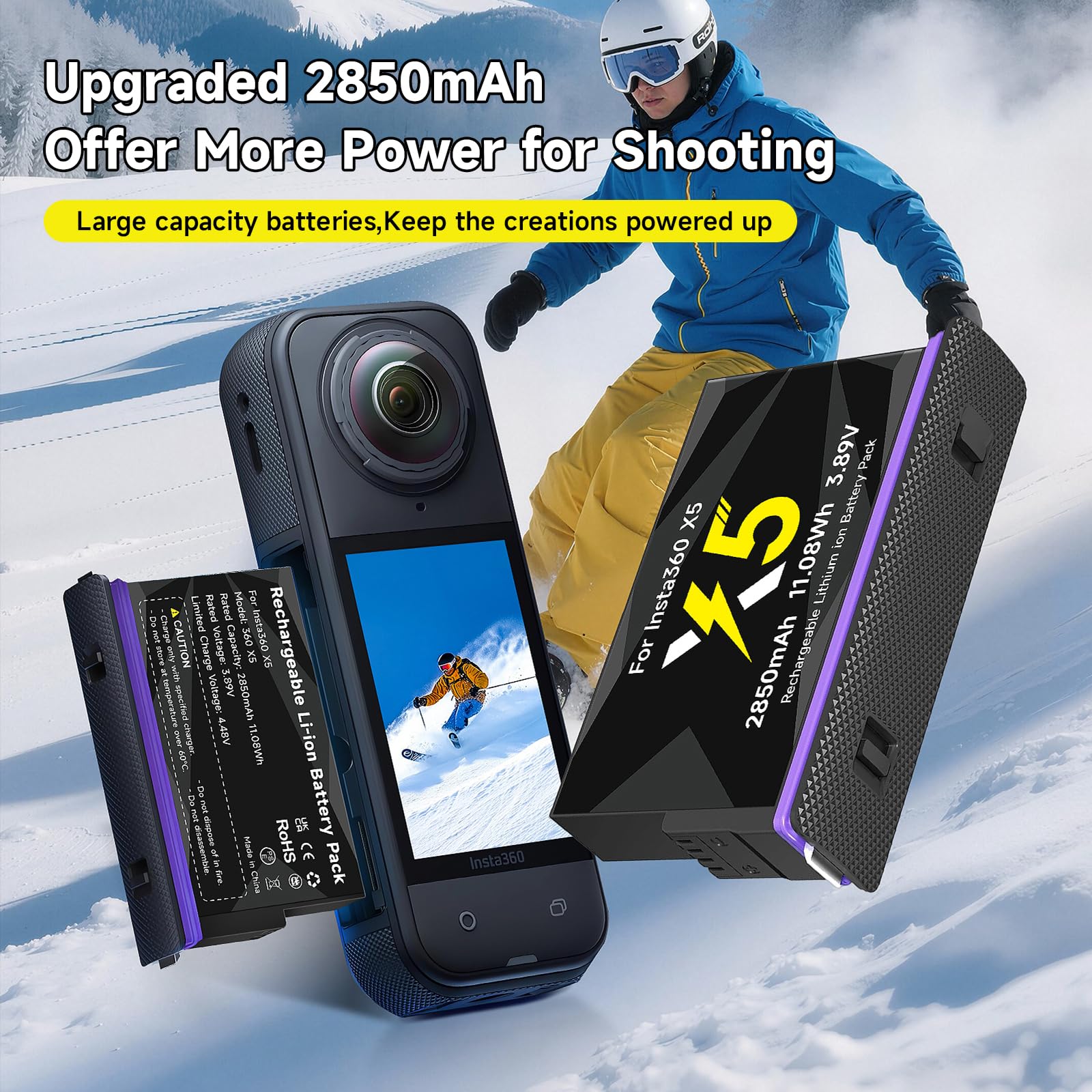 CITYORK [Lot de 3] Batterie de rechange 2850 mAh pour appareil photo de sport Insta360 X5, batterie rechargeable pour accessoires Insta360 X5, longue durée de vie, remplacement facile [avec boîtier