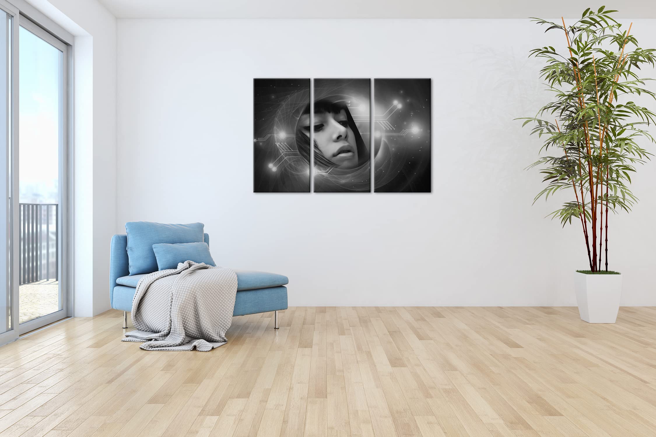 Fantasía de ciencia ficción del mundo. Formato: 3 piezas como lienzo, efecto: blanco y negro, diseño ya enmarcado, impresión digital de alta calidad, sin póster ni póster.