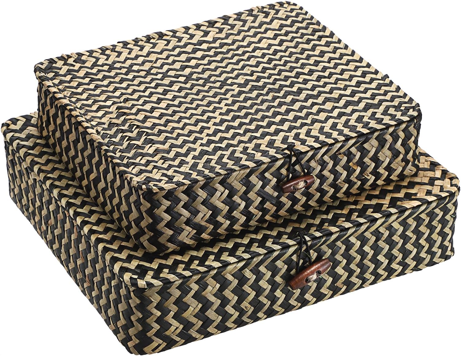 Hipiwe Woven Storage Basket with lid - Flat Wicker Storage Baskets Bins Natural Seagrass Storage Baskets Box for Shelf Home Decor, Set of 2, Blacks Strips