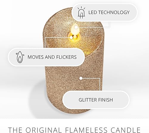 Miniatura 10 de Luminara Vela de purpurina metálica dorada con llama artificial realista (3 x 4 pulgadas) con llama móvil, funciona con pilas, sin perfume, control