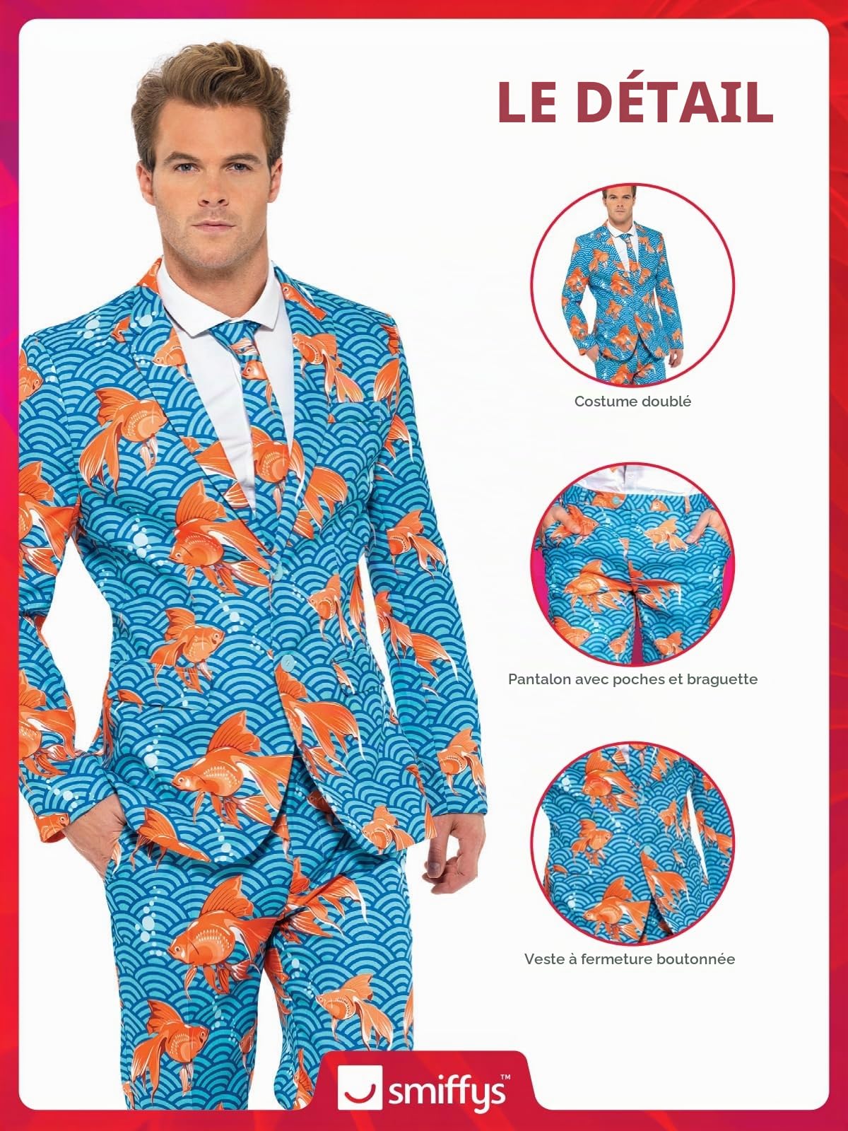 Smiffys Smiffys Costume Poisson Rouge, avec Veste, Pantalon et Cravate Déguisement - Homme - Costume Poisson Homme (Lot de 1)