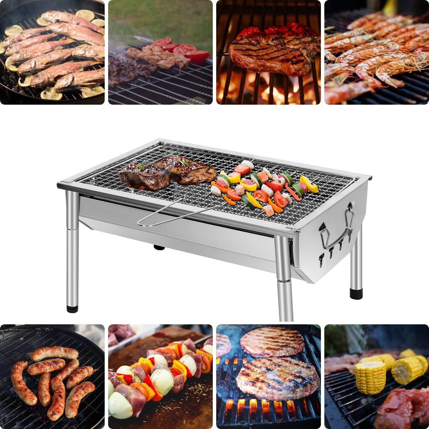 Picknickgrill Edelstahl Holzkohlegrill Kleiner Grill Holzkohle Tragbare Cmapinggrill Abnehmbare BBQ Grills für Outdoor Garten Party, 40 x 28 x 21,5 cm