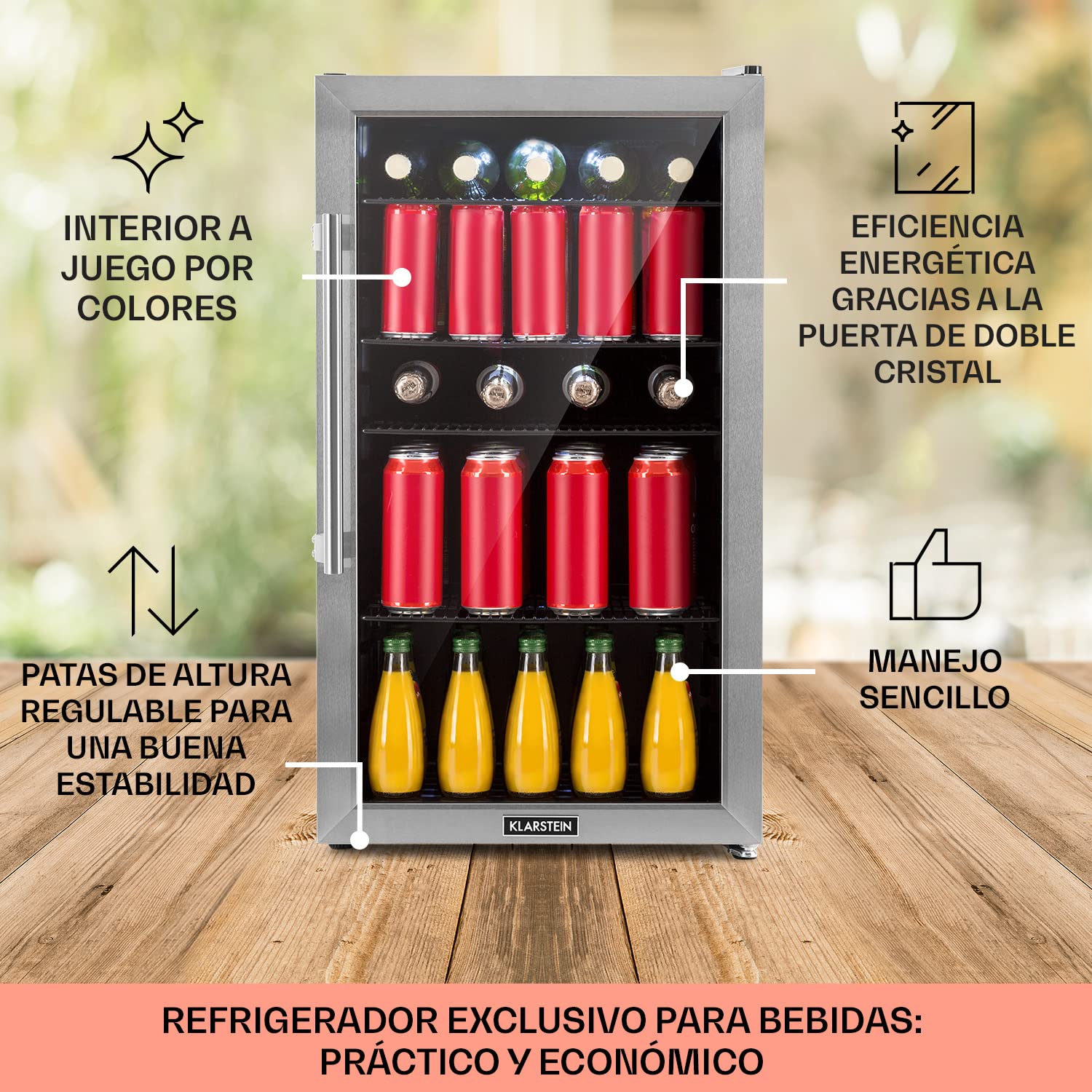 KLARSTEIN Nevera Pequeña Puerta Cristal Habitaciones, Nevera Portatil Electrica, Mini Nevera Pequeña para Bebidas, Frigorificos Pequeños 98L, Mini Frigorifico con Estantes, Neveras Pequeñas
