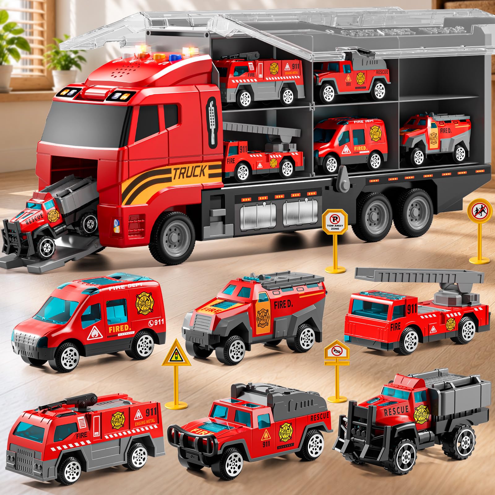 XINNOVEL Carrier Truck Toddlers Toys for 3 4 5 6 7 Years Old Boys, Toy Truck Transport Car & Die-Cast Car and Play Mat, Fire Toys Birthday Gifts for Kids 3 4 5 6 7 8+ Years Old Boys Girls