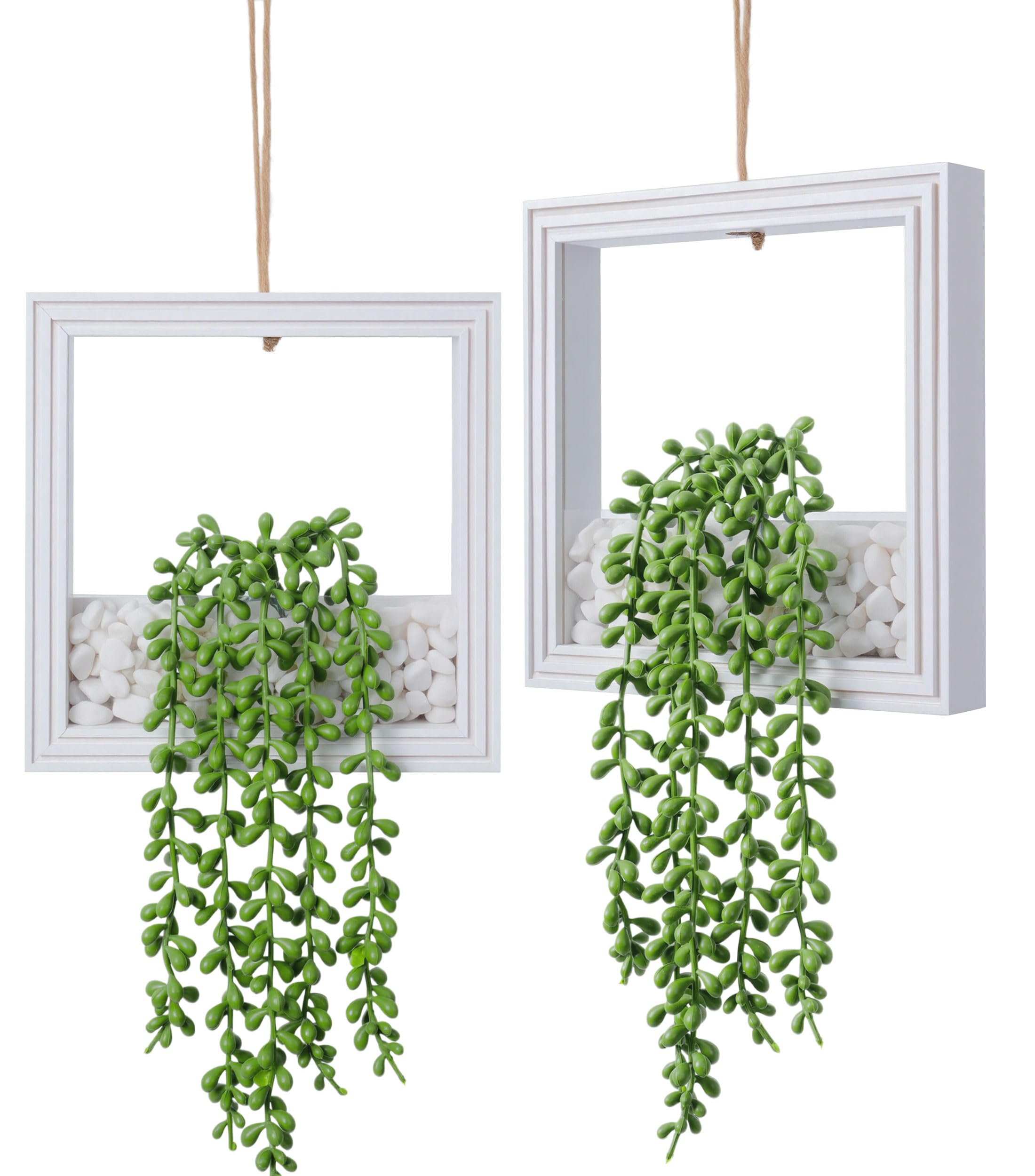 Photo 1 of 2 Pack Hanging Artificial Succulents Plants String of Tears - 7.8x7.8in White Square Wooden Frame Vase with Stones & 2 LED Fairy Lights (On/Off Switch), Minimalist Decor for Indoor Outdoor Wall?White)